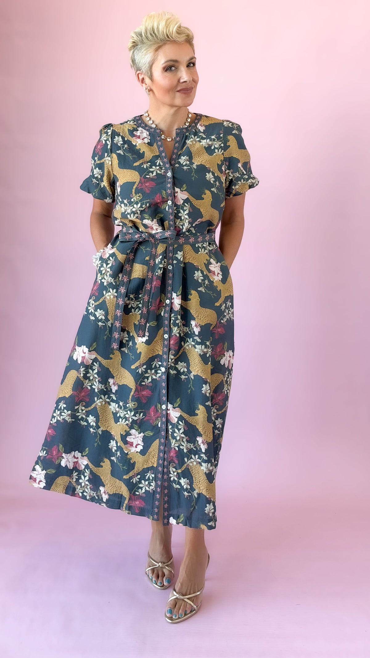 Navy leopard and floral print short sleeve midi dress with tie belt