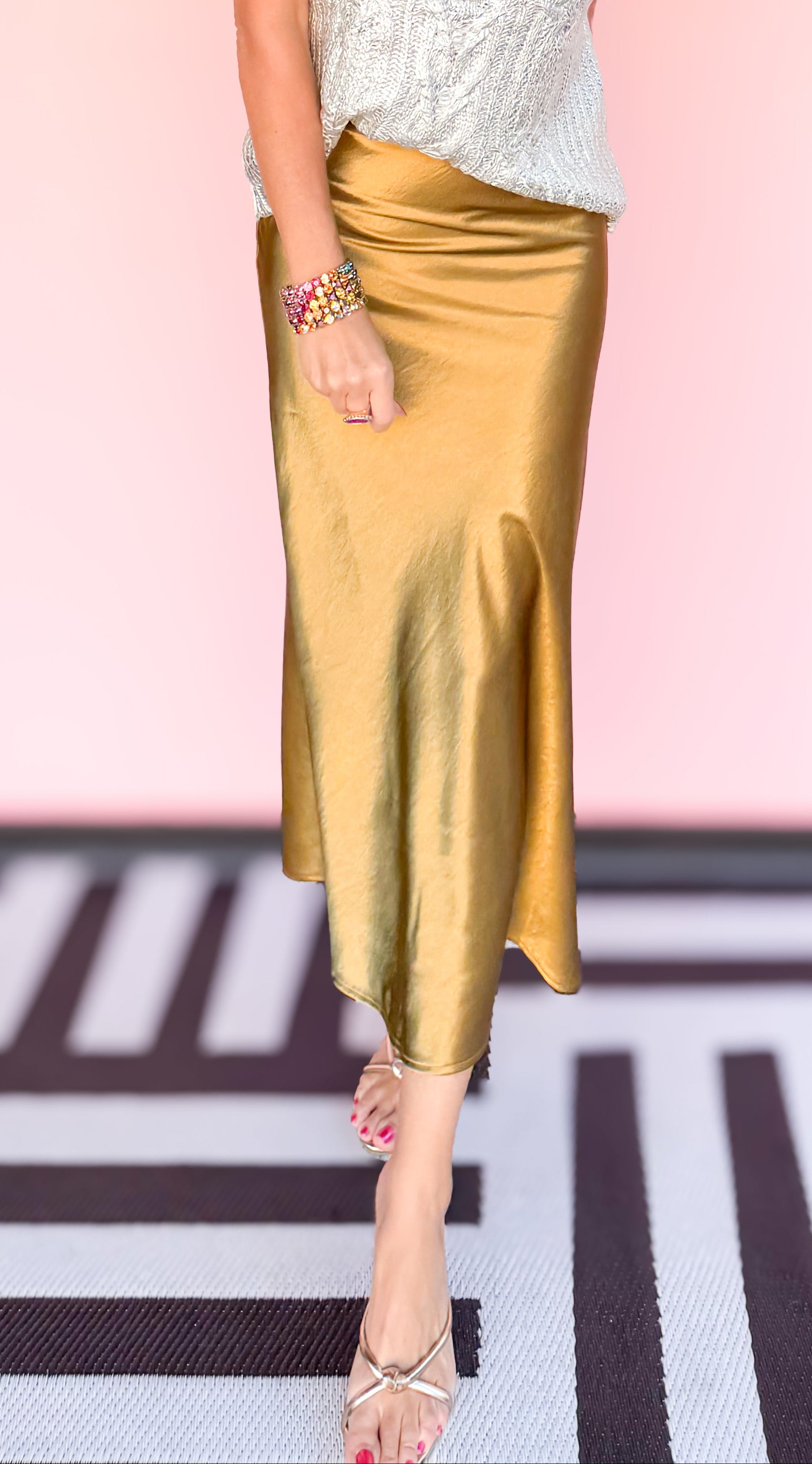 Gold Crinkle Satin Midi Skirt