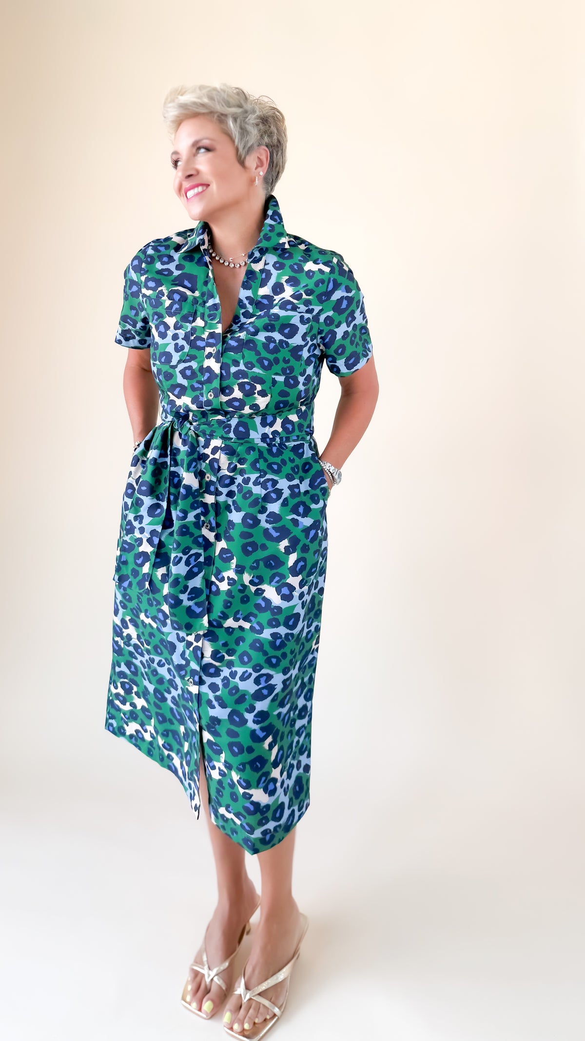 Belted Fitted Shirt Dress/Green Leopard