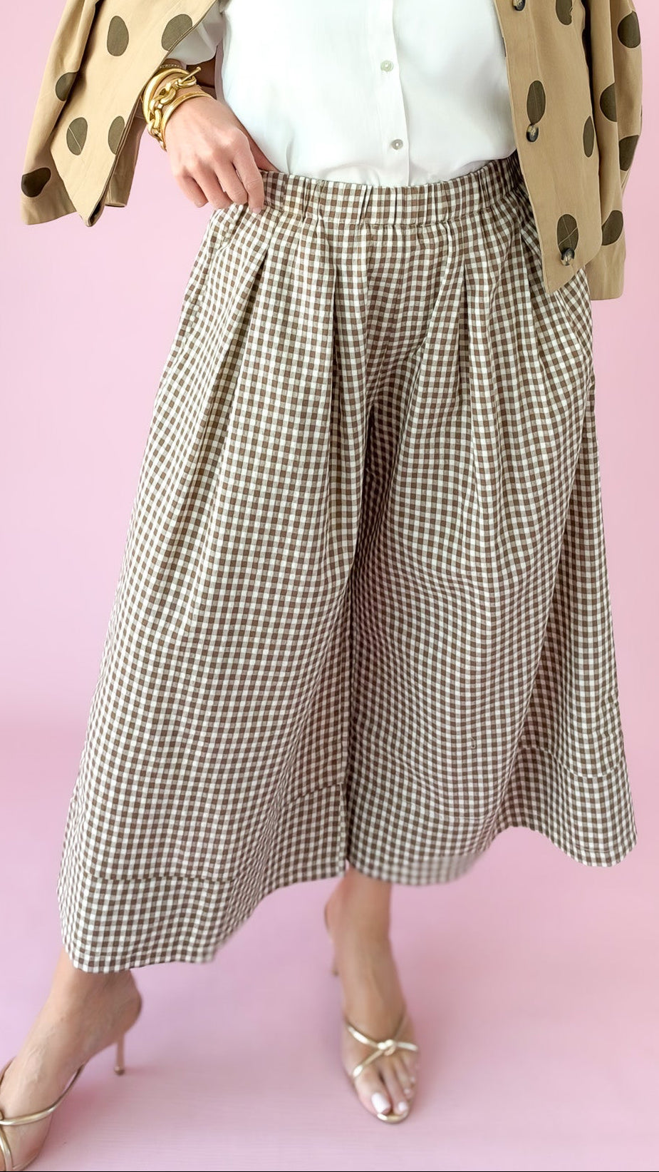 Gingham Wide-Leg Pants/Mocha