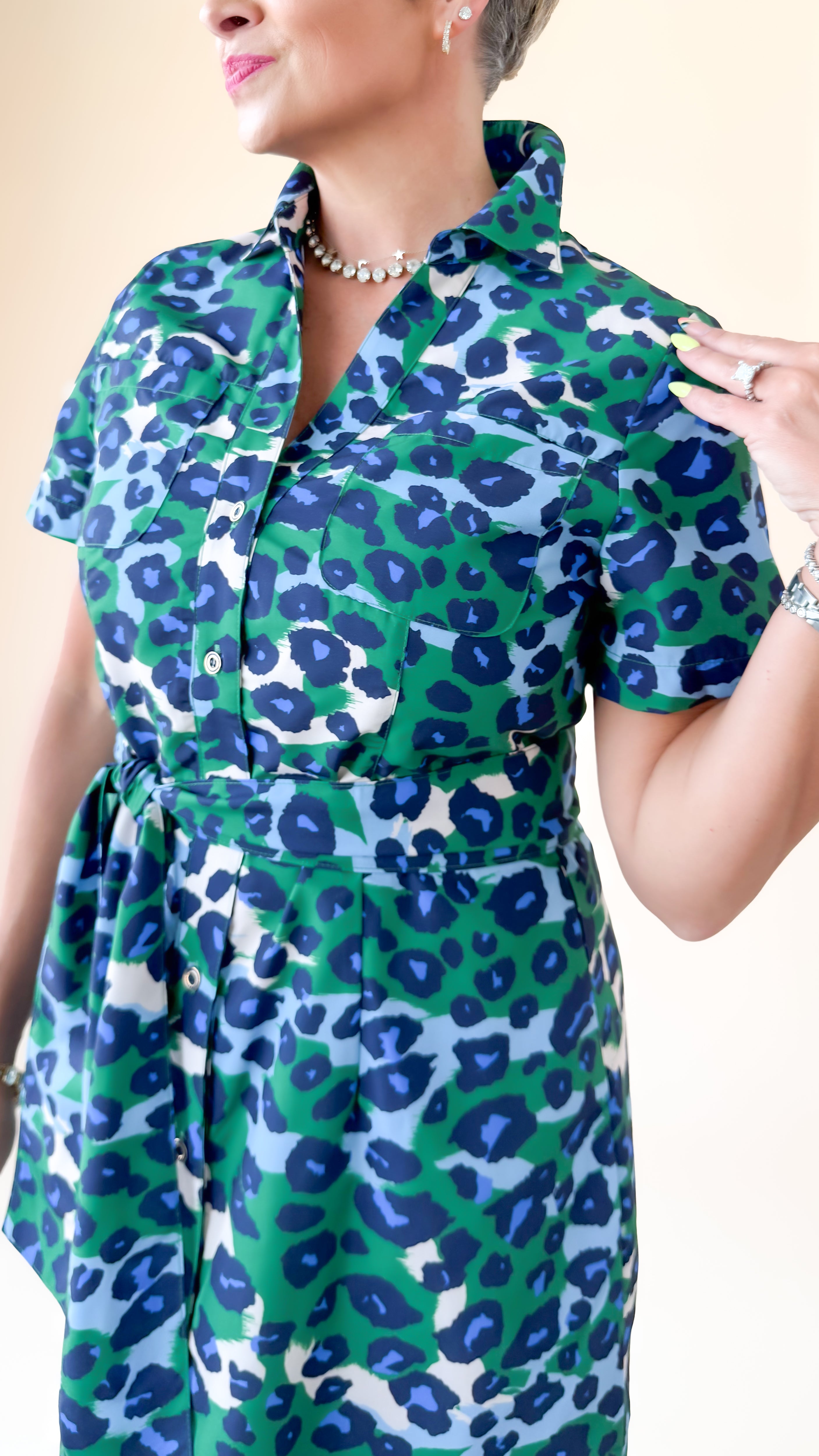 Belted Fitted Shirt Dress/Green Leopard