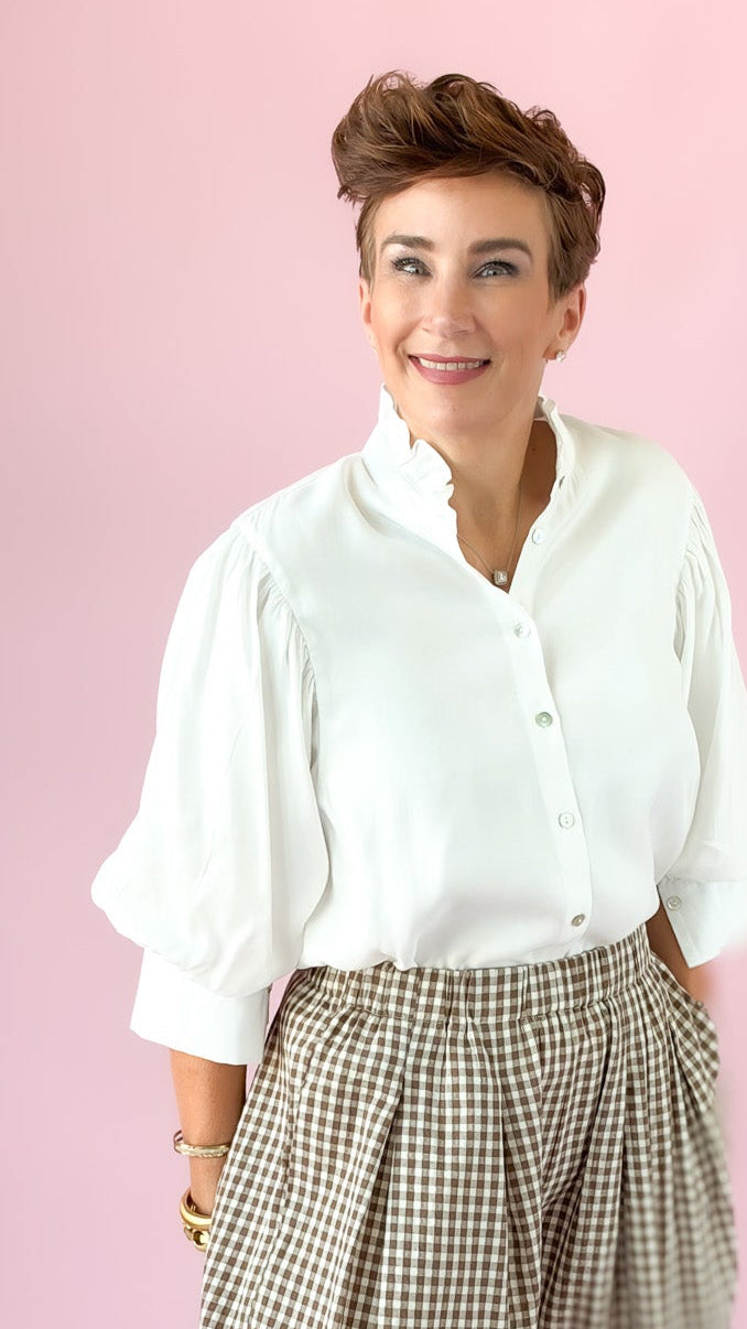 Ruffle Puff Sleeve Shimmer Top/White