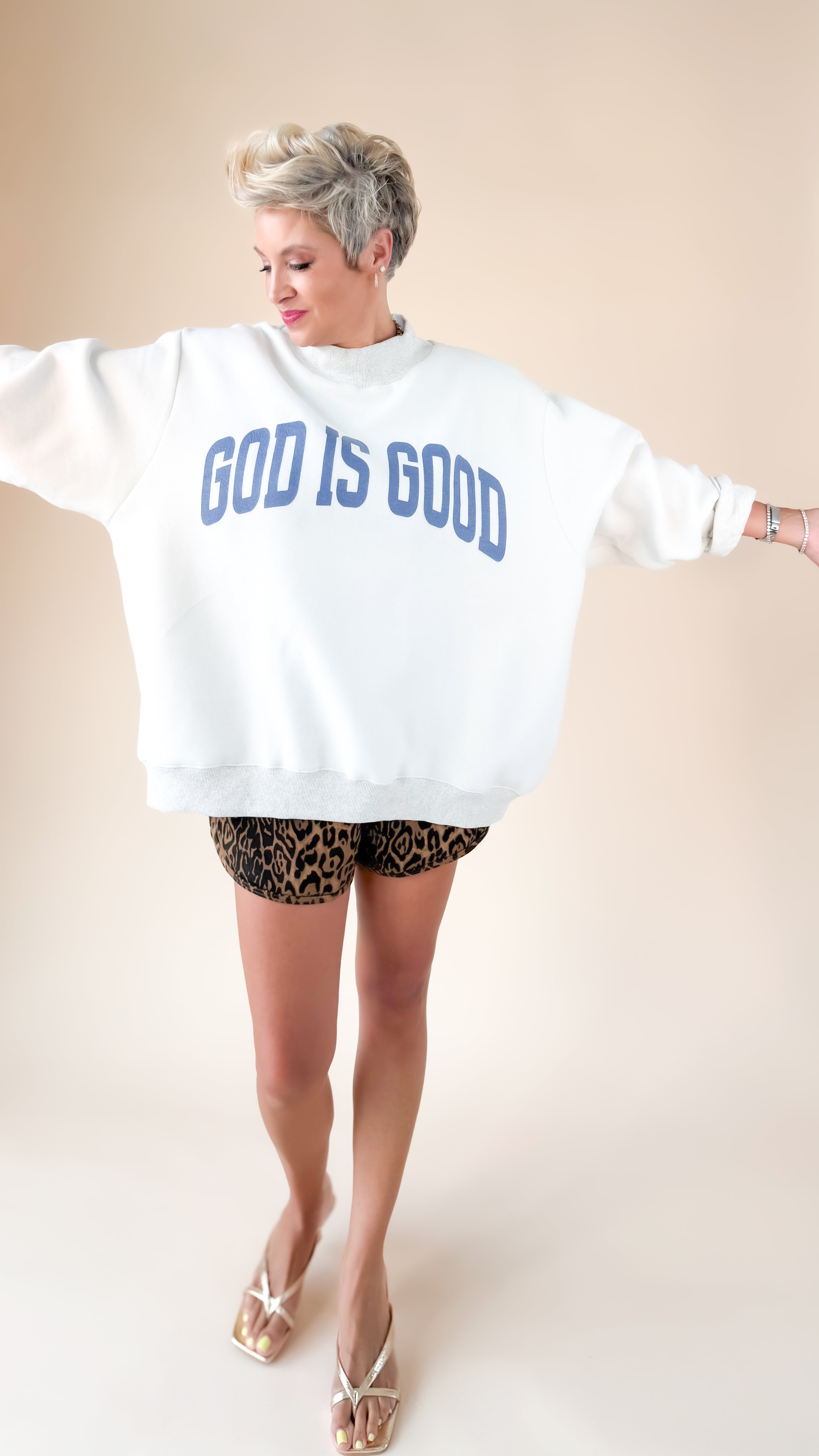 Jesus Graphic Split-Neck Terry Sweatshirt Grey