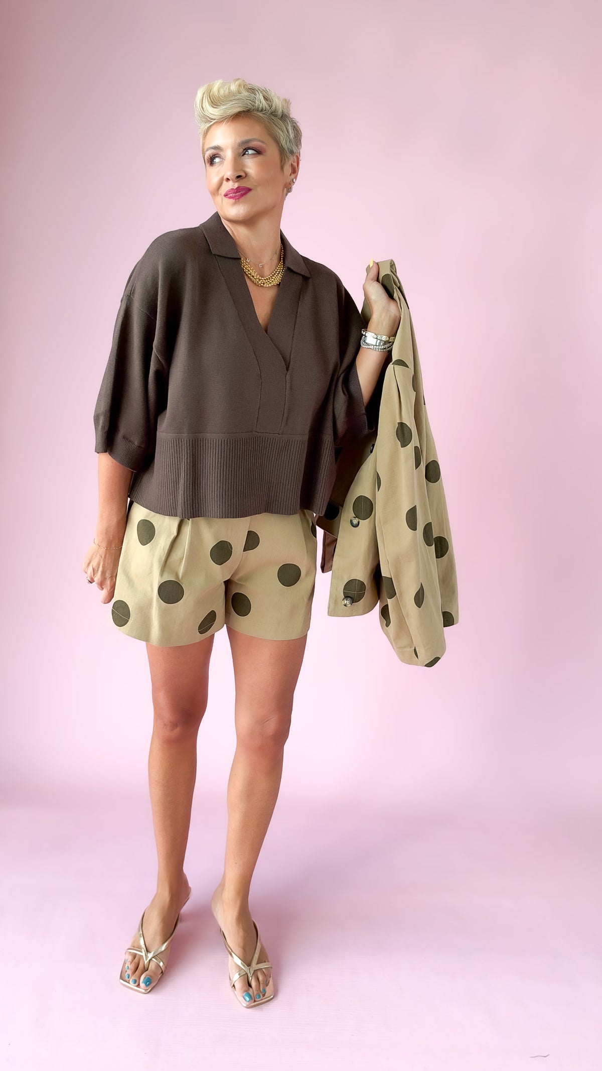 Polka Dot High Waist Shorts/Taupe