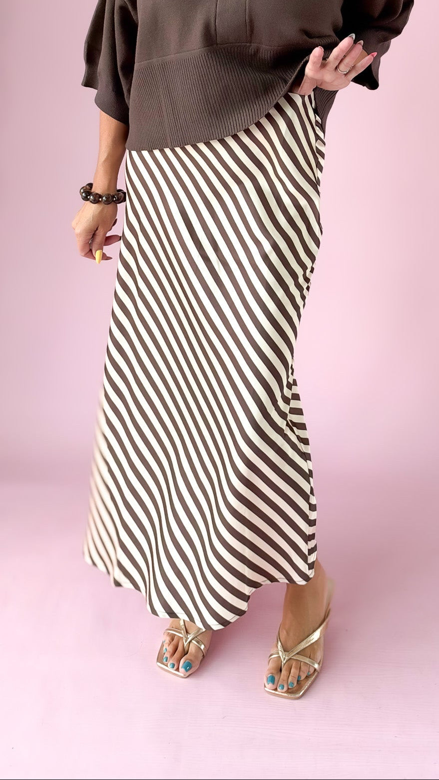 Satin Striped Midi Skirt/Mocha