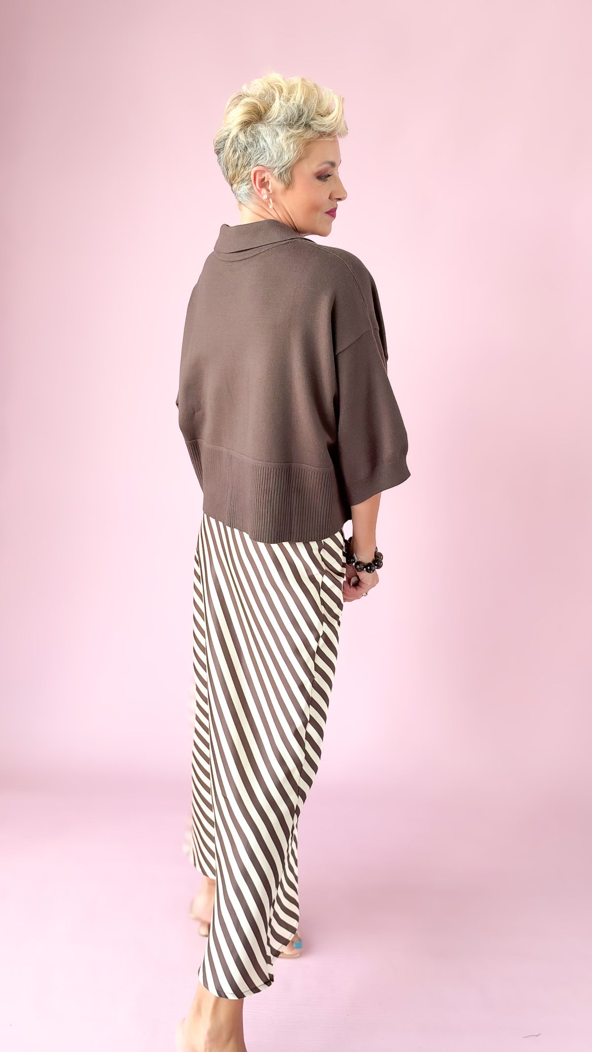 Satin Striped Midi Skirt/Mocha