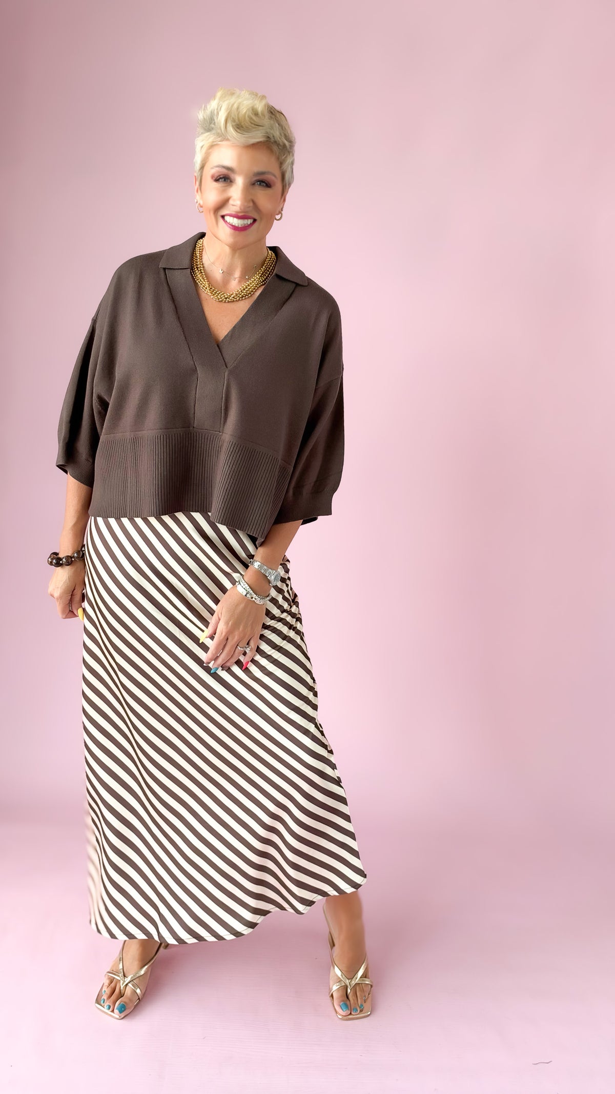 Satin Striped Midi Skirt/Mocha