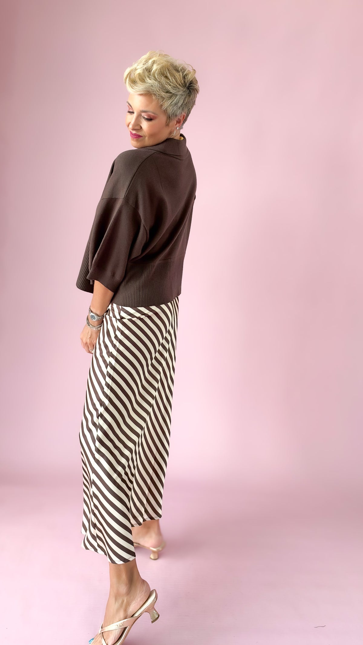 Satin Striped Midi Skirt/Mocha