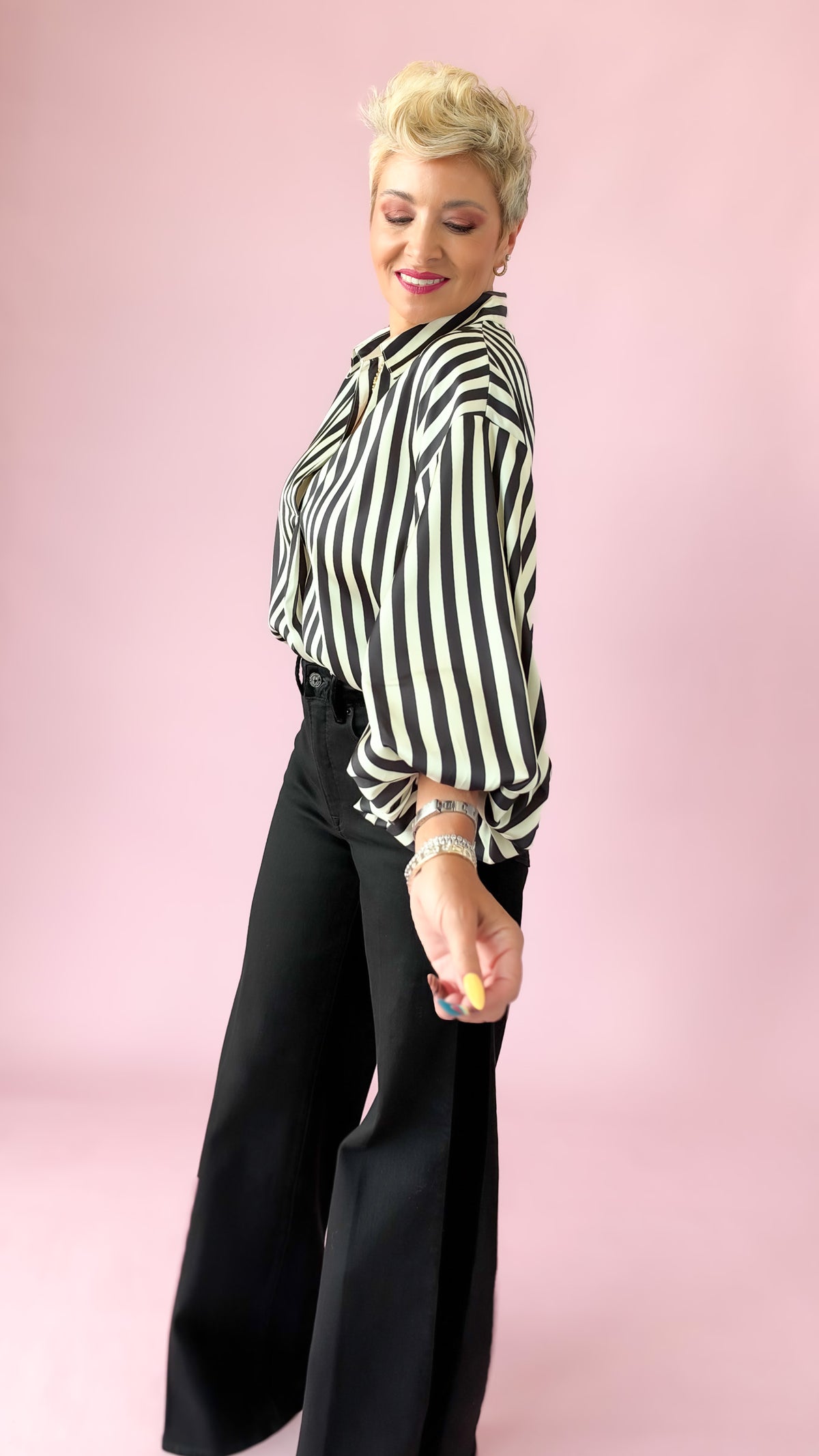 Satin Stripe Bubble Sleeve Top/Black