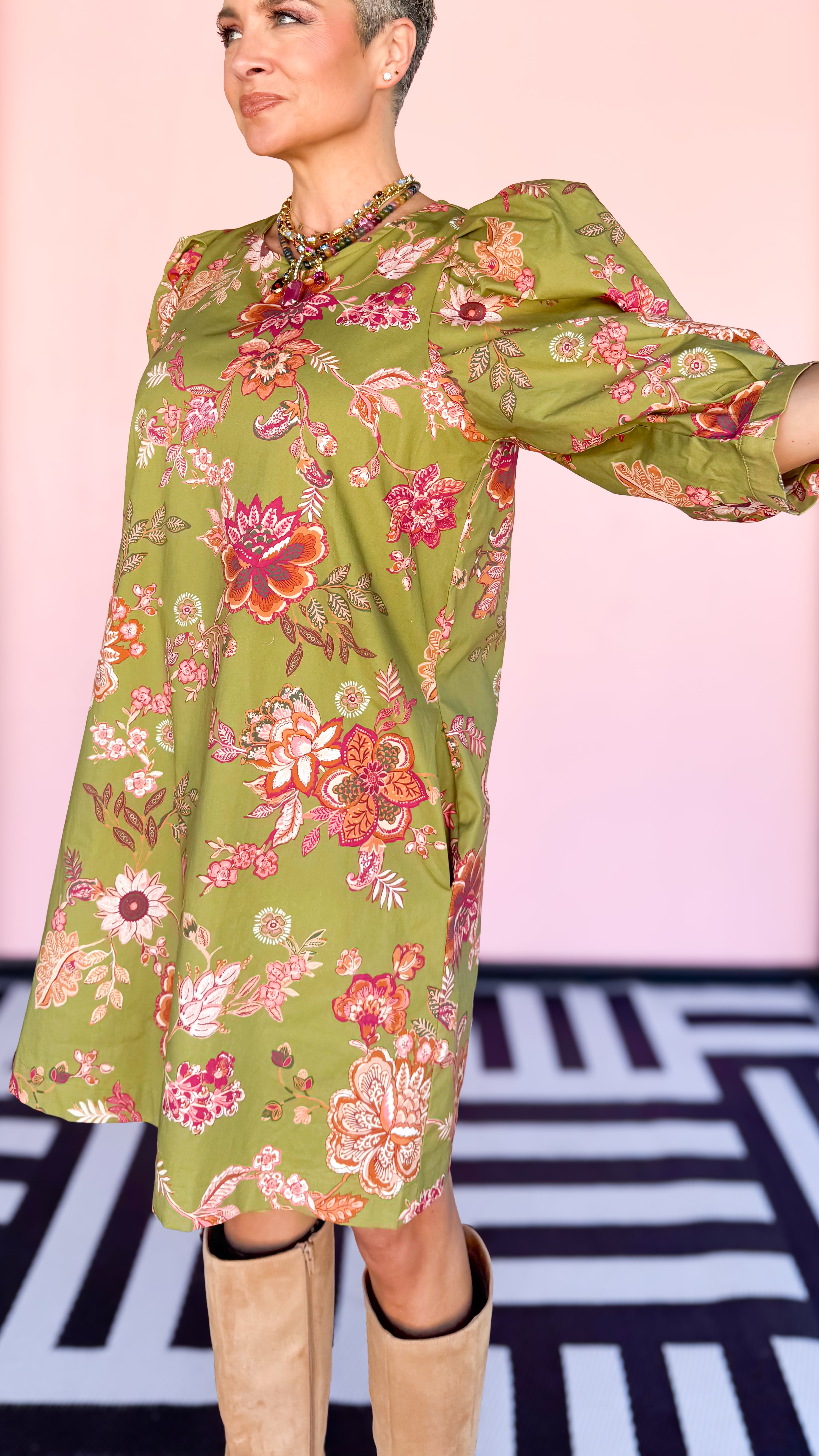 Olivia Short Floral Dress/Olive - The BLVD