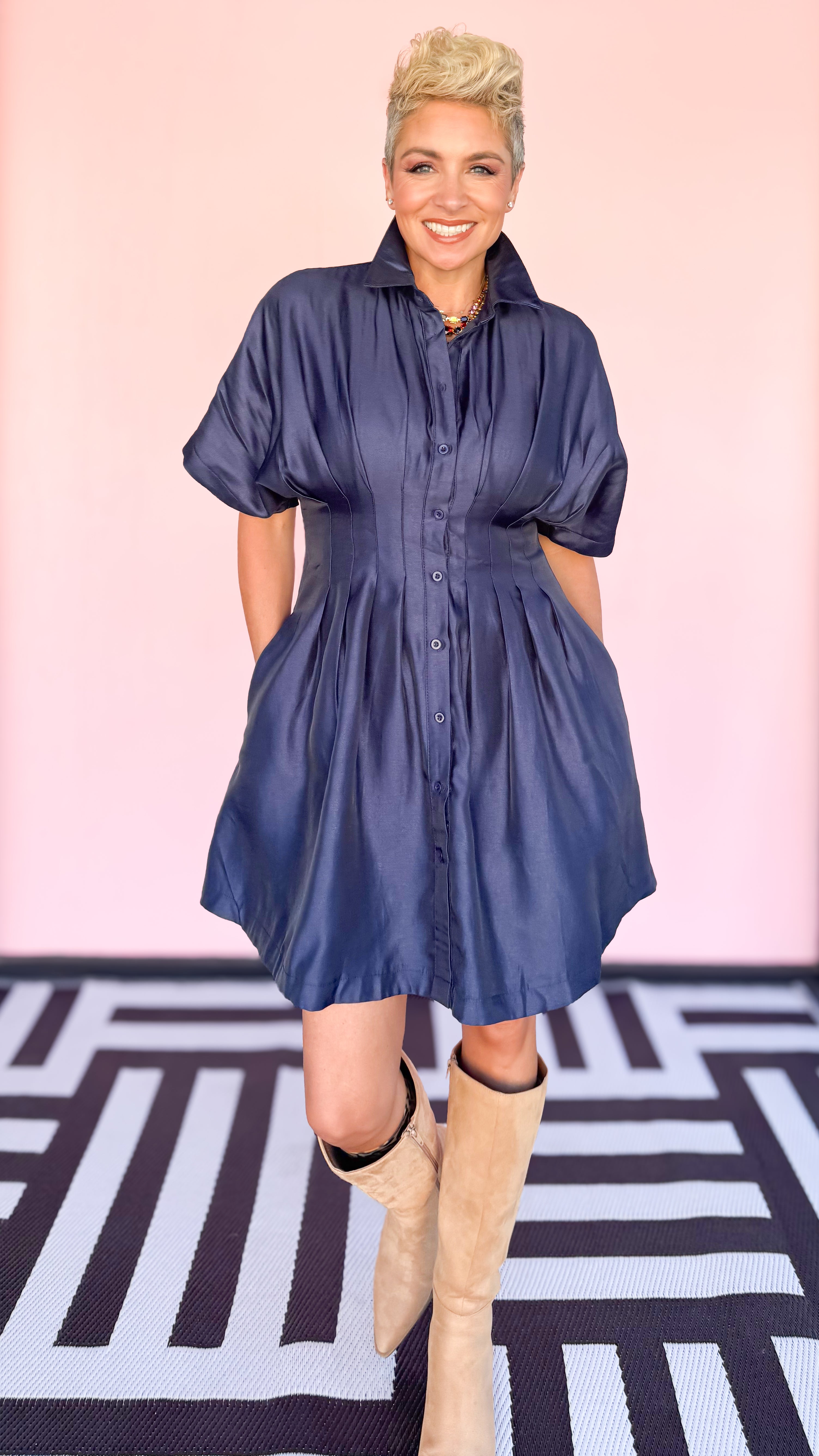 Button Down Pleated Mini Dress/Navy - The BLVD
