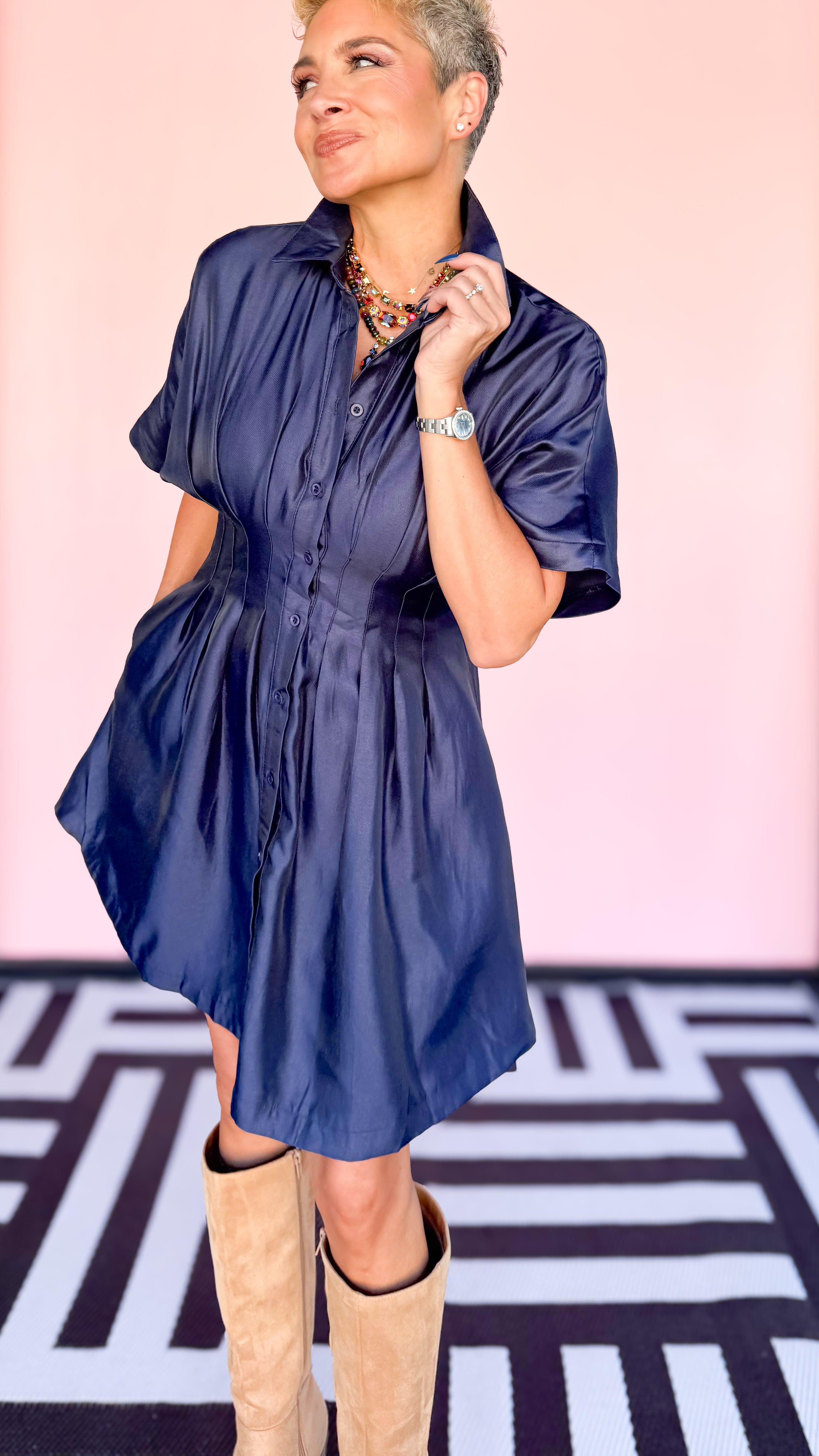 Button Down Pleated Mini Dress/Navy - The BLVD