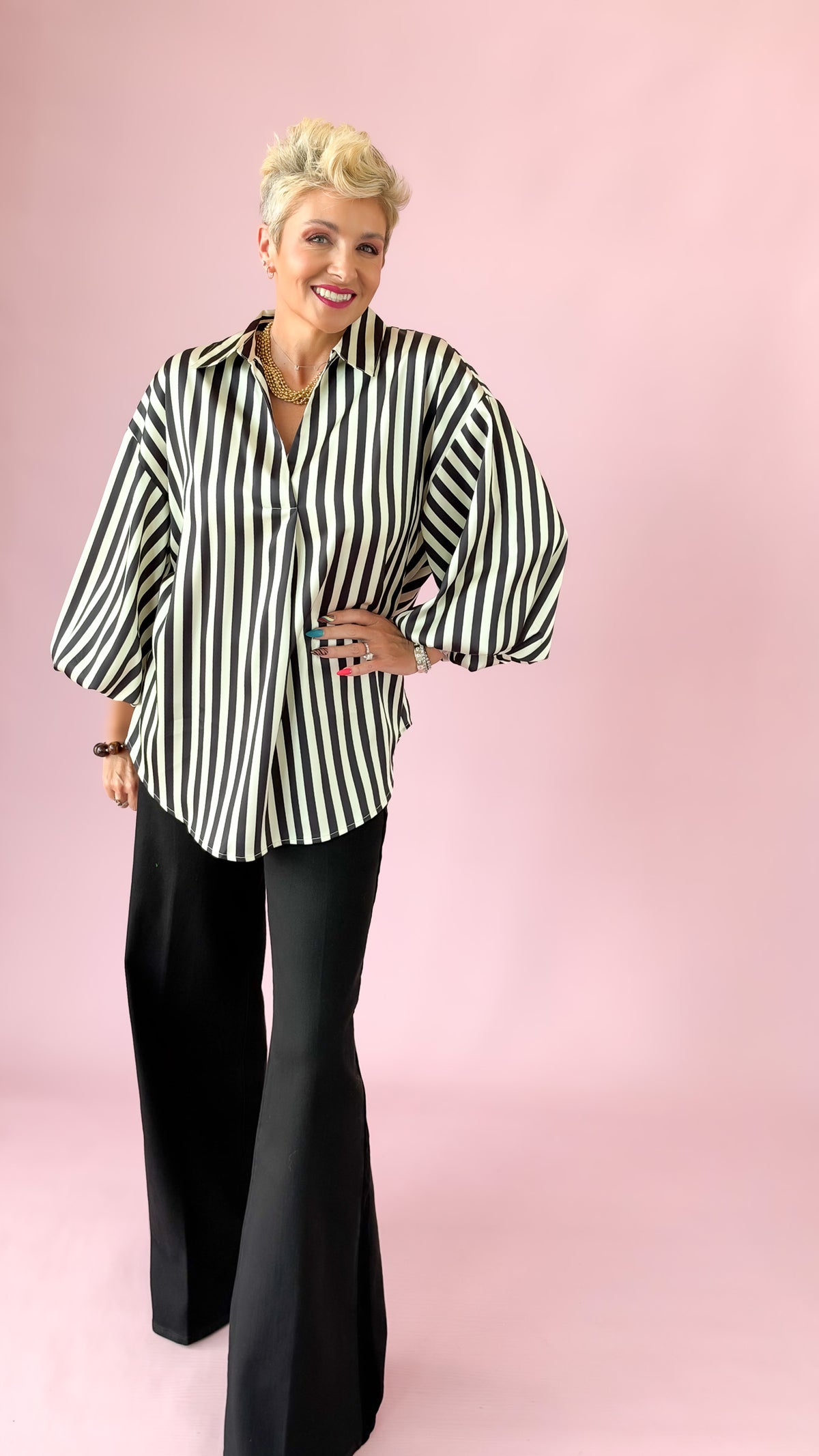 Satin Stripe Bubble Sleeve Top/Black