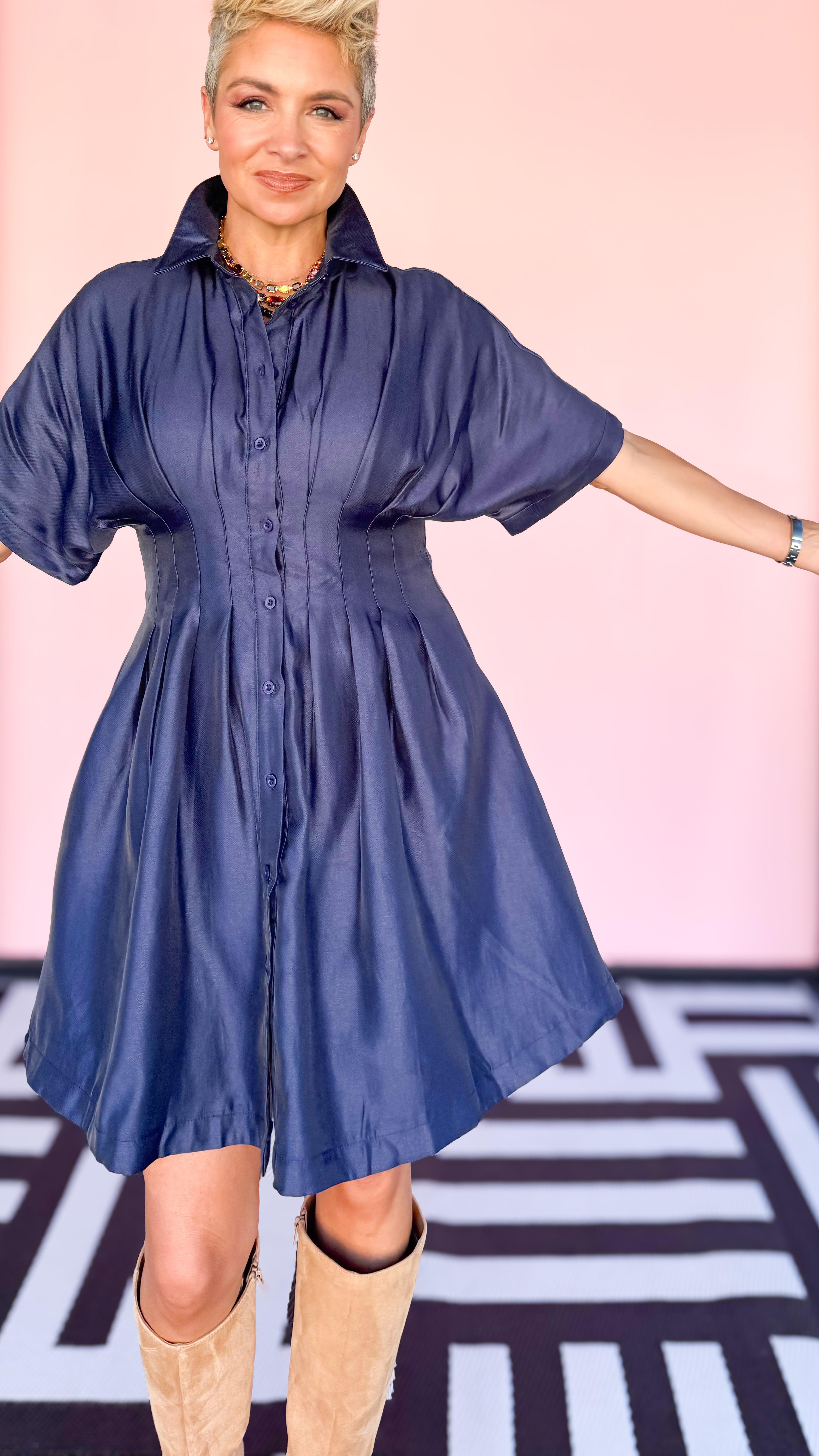 Button Down Pleated Mini Dress/Navy - The BLVD