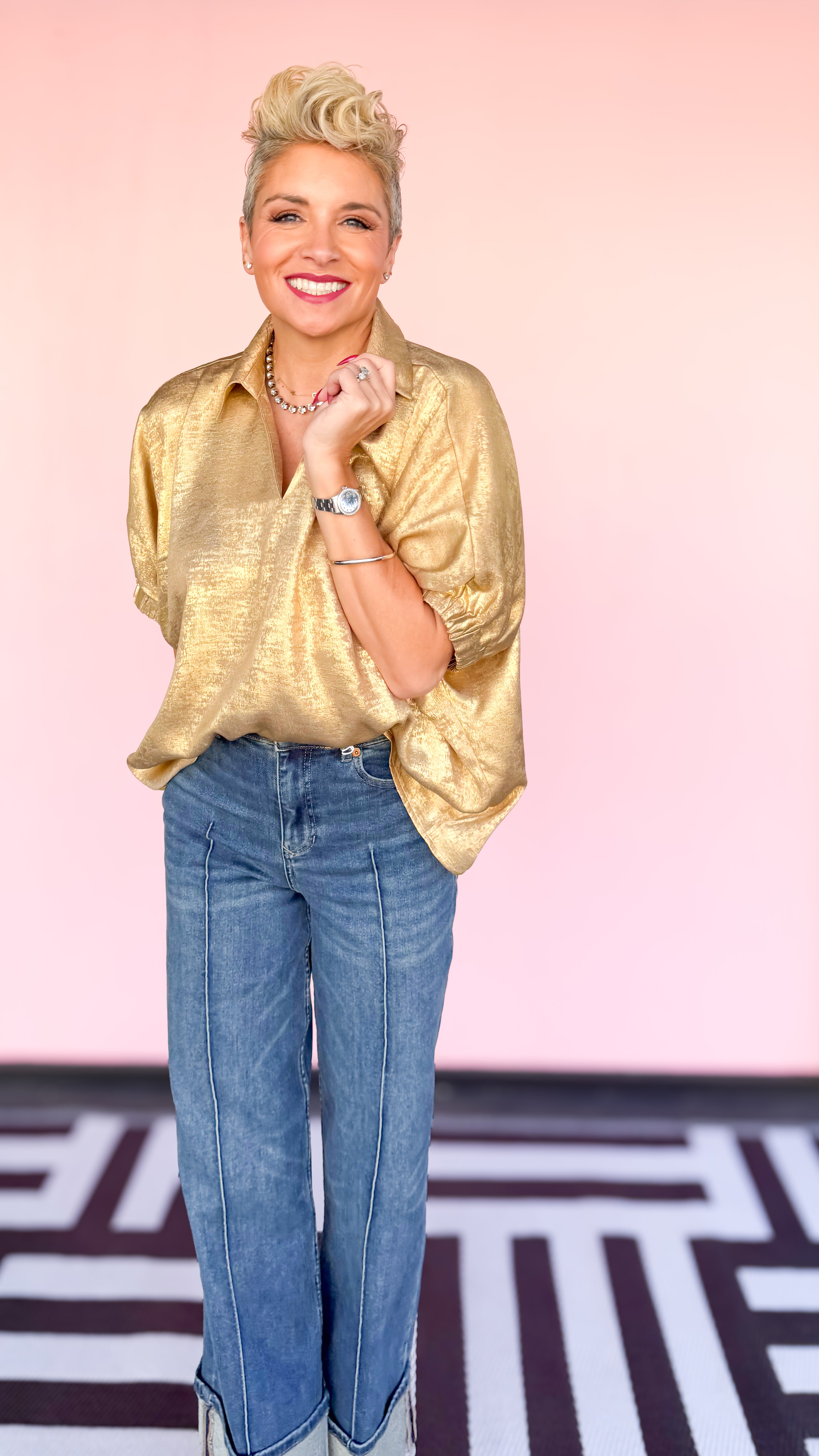 V-Neck Metallic Top/Gold