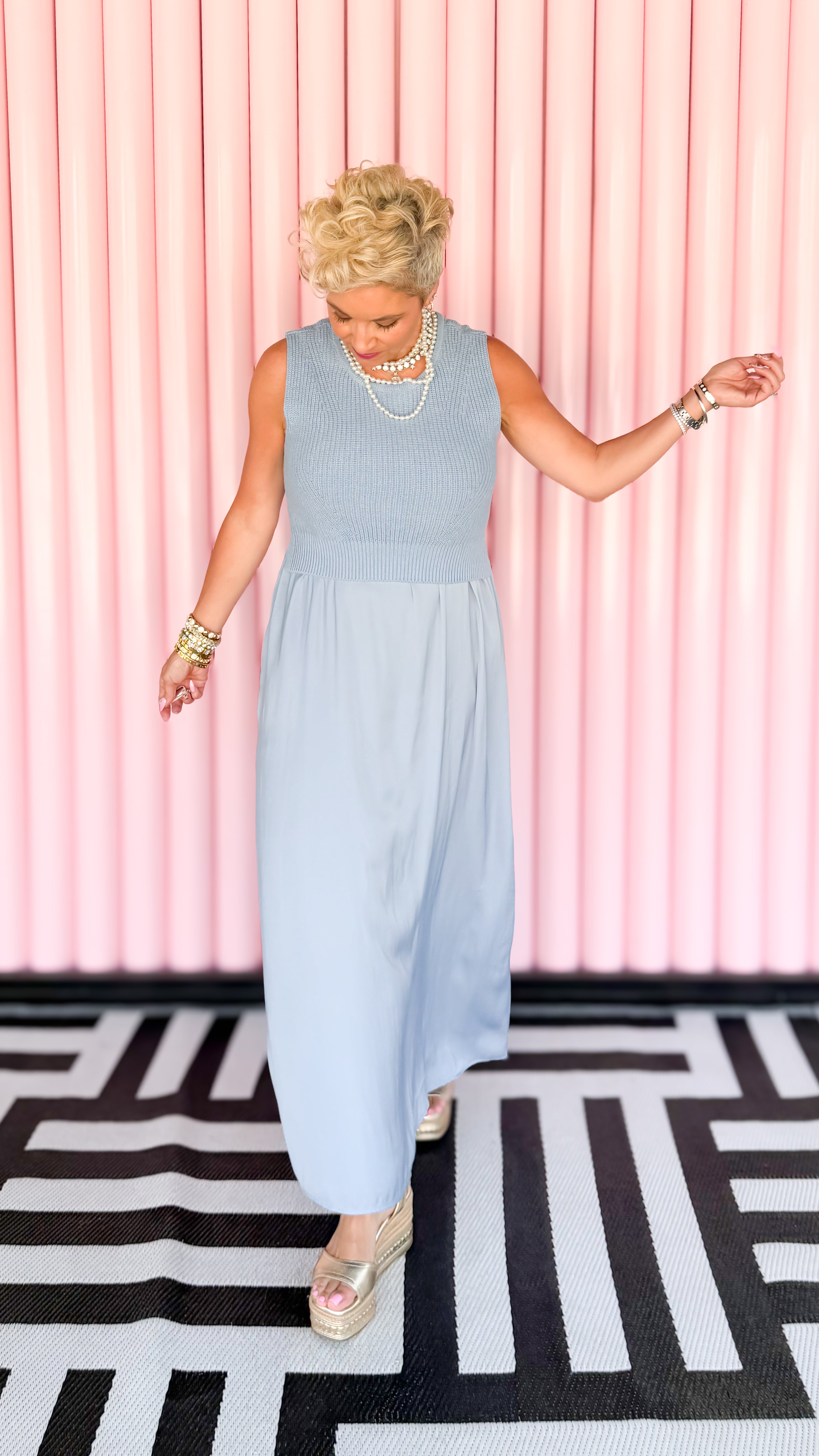 Tie back sweater top maxi dress in blue worn on model - styled view - BLVD Boutik