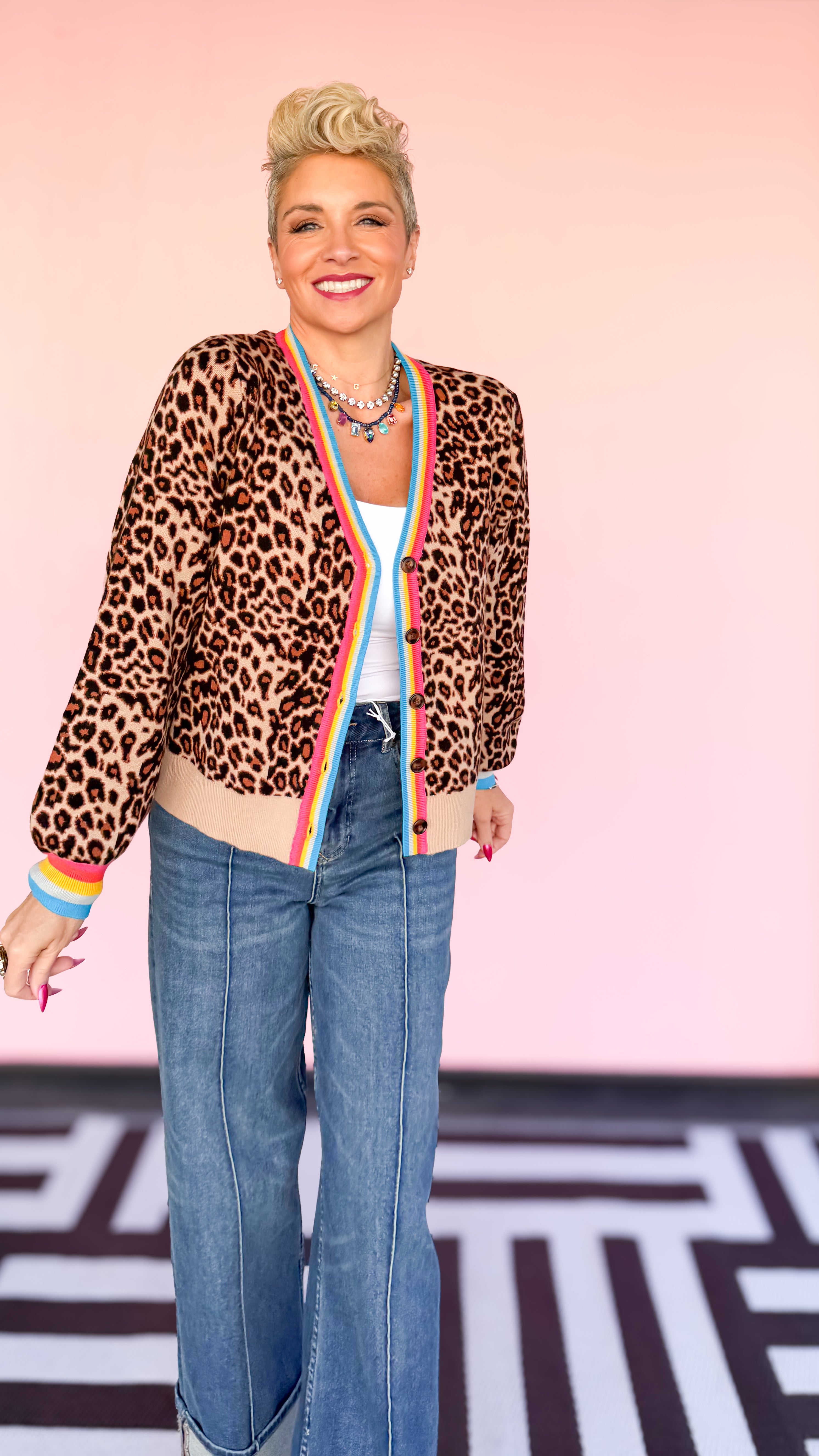 Rainbow Trim Leopard Cardigan
