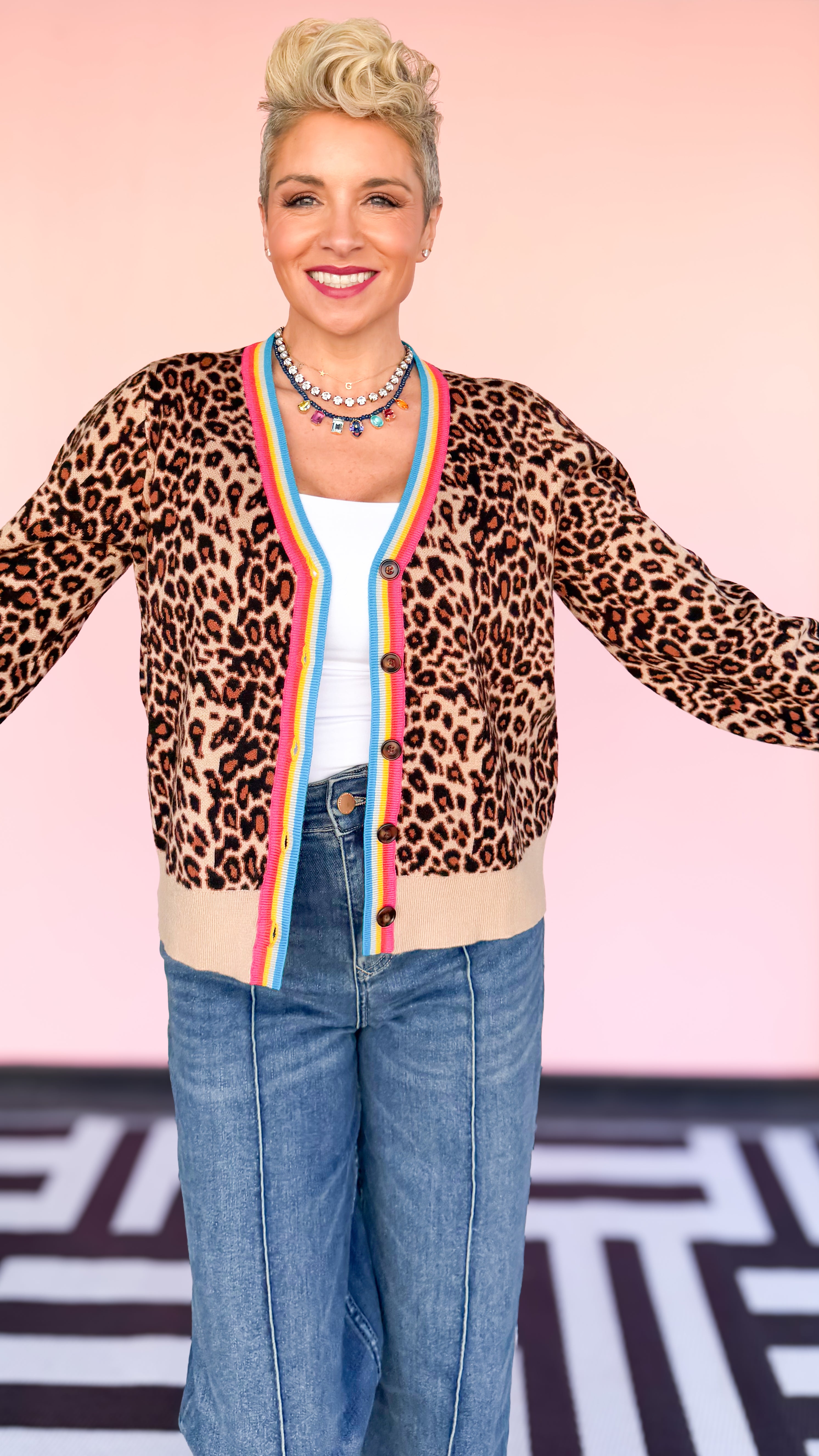 Rainbow Trim Leopard Cardigan