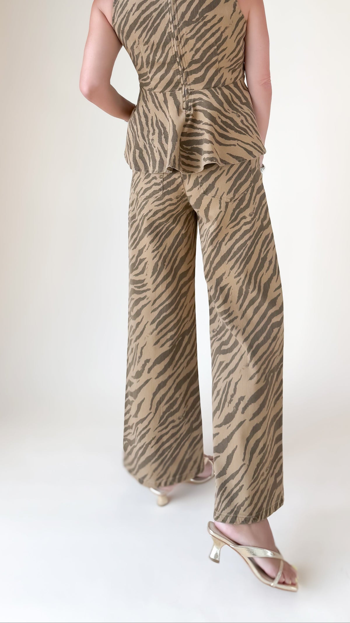 Zebra Print Wide Leg Pants/Latte