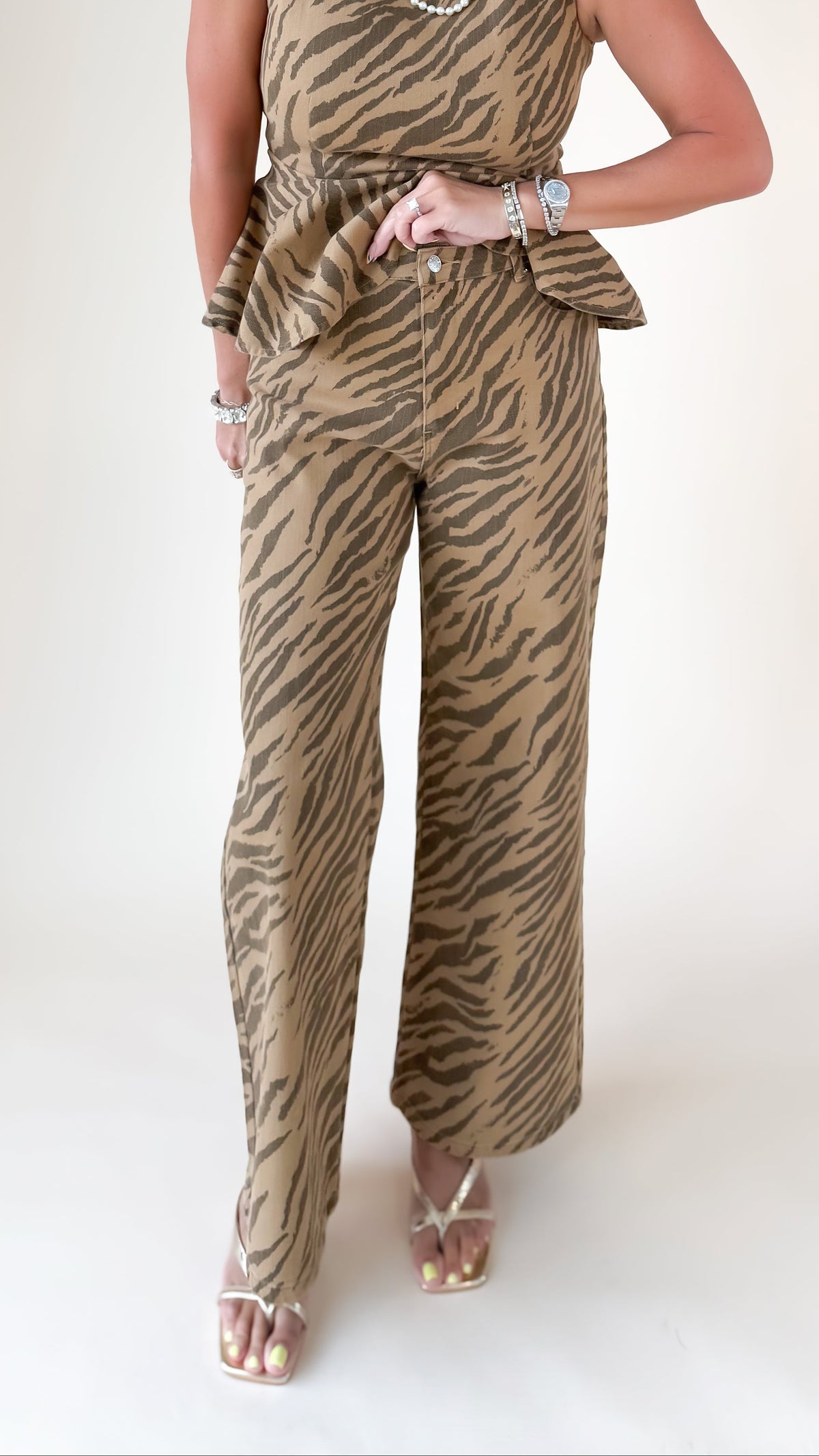 Zebra Print Wide Leg Pants/Latte