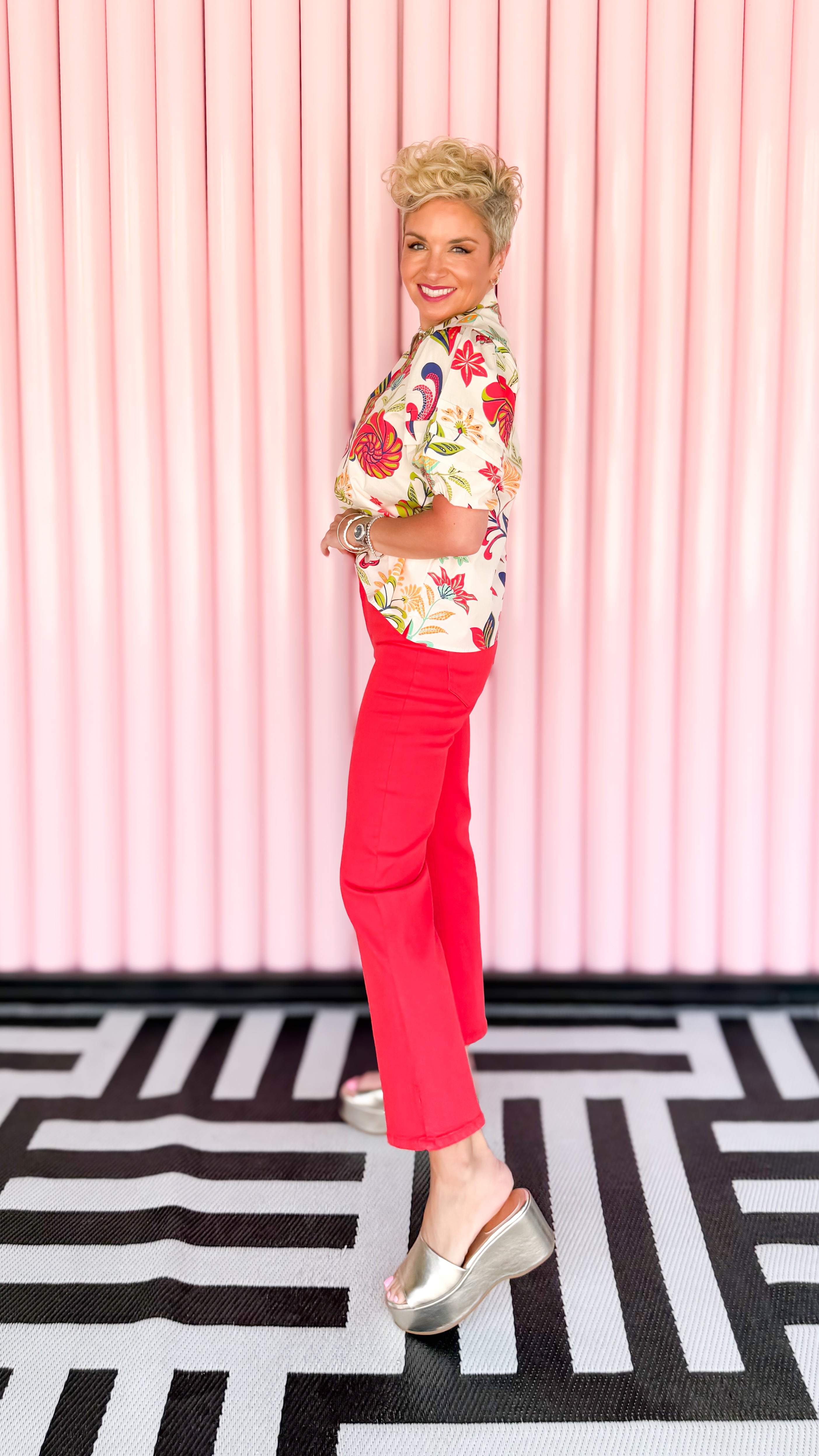Hannah cropped flare with slit hem in red worn on model - styled view - BLVD Boutik