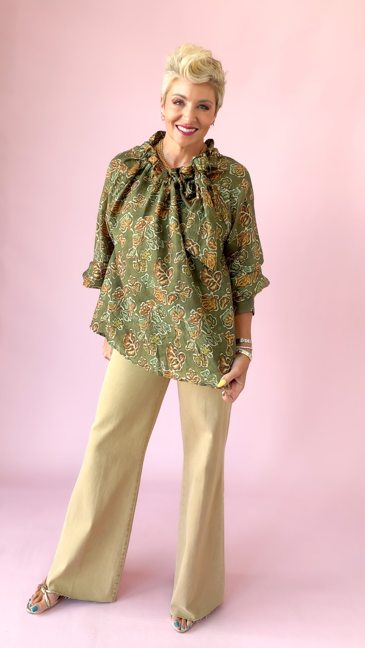Ruffle Tie Neck Fall Leaves Top /Olive