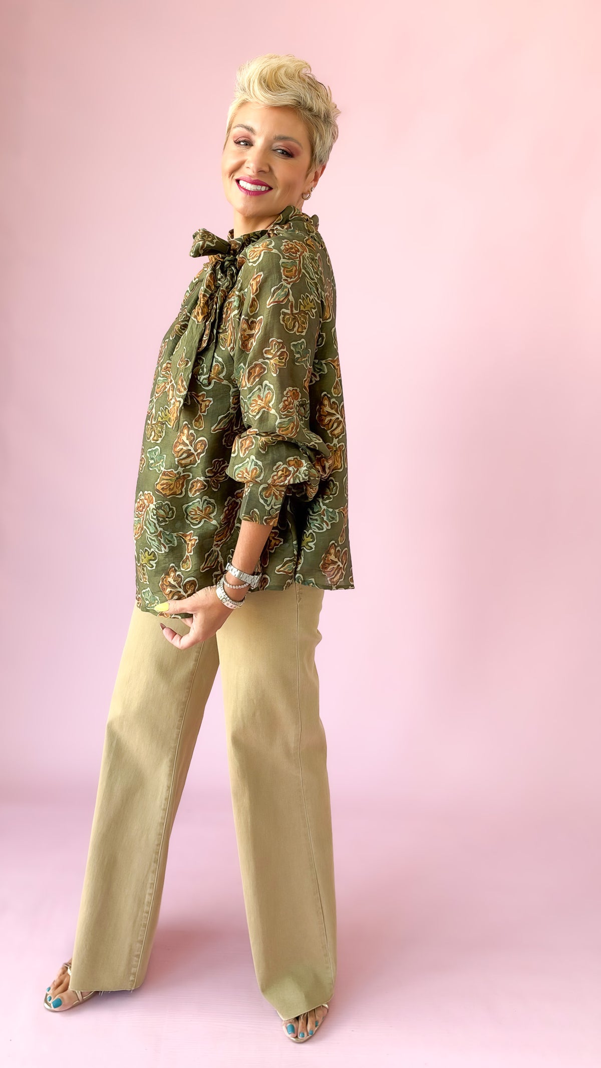 Ruffle Tie Neck Fall Leaves Top /Olive