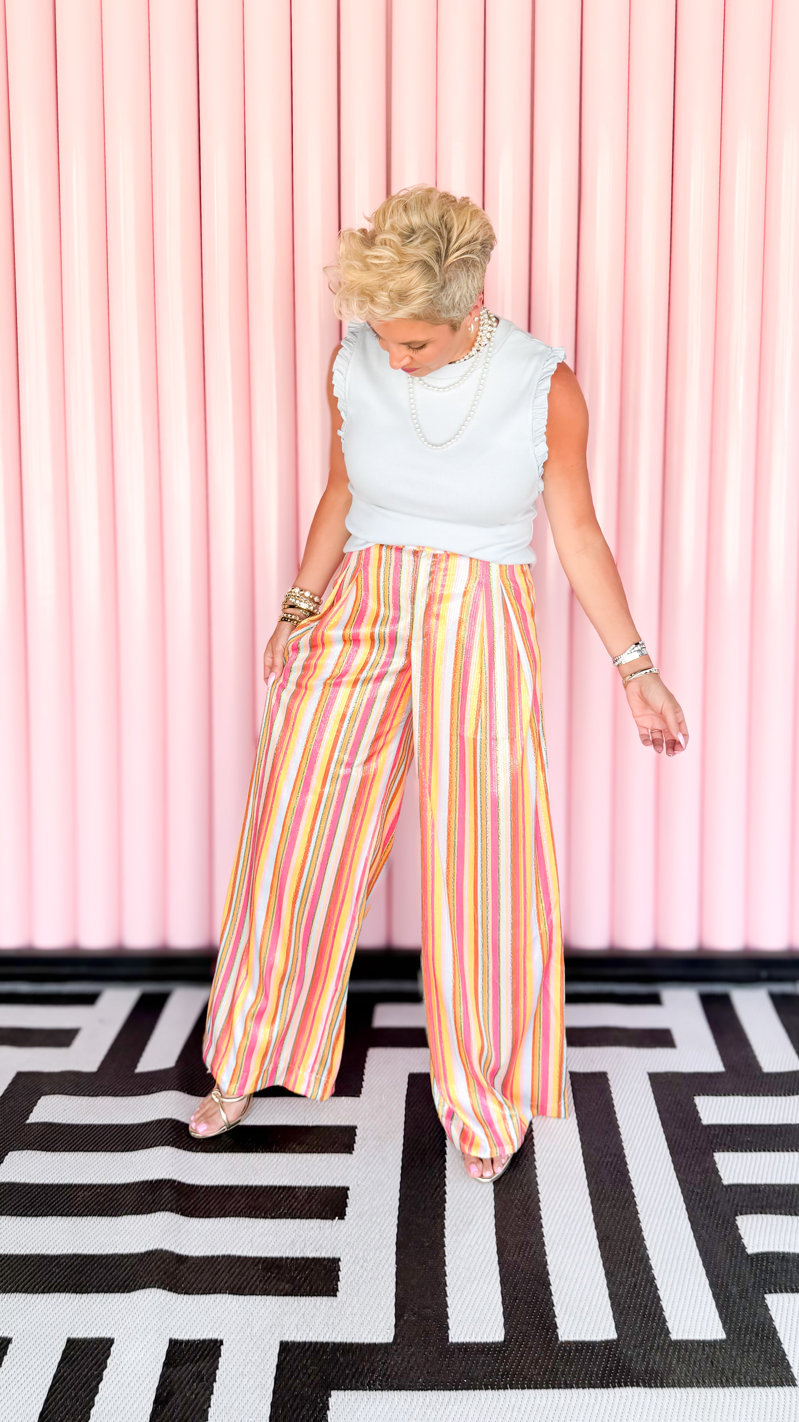 Multi color sequin wide leg pants worn on model - detail view - BLVD Boutik