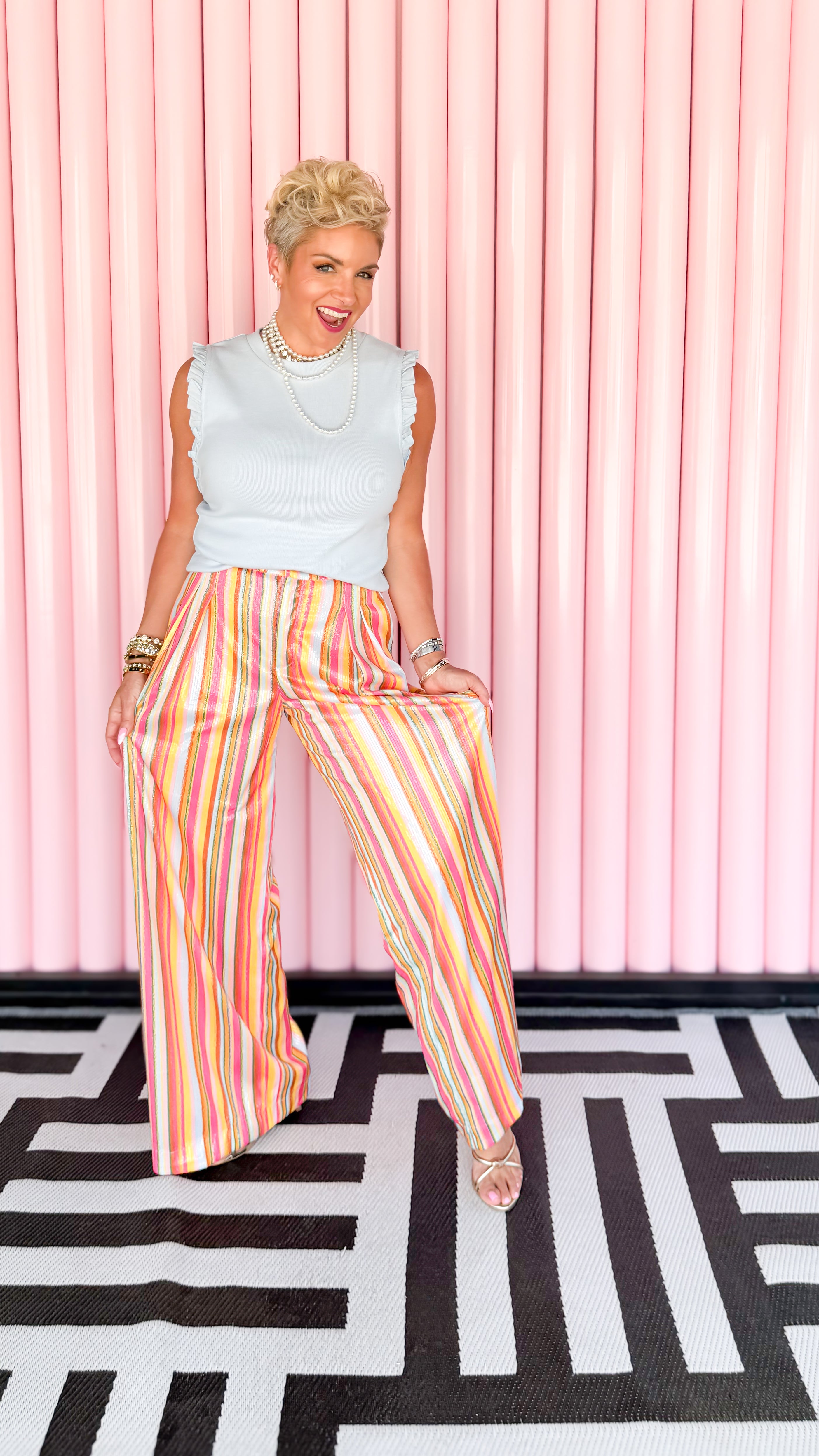 Multi color sequin wide leg pants worn on model - styled view - BLVD Boutik