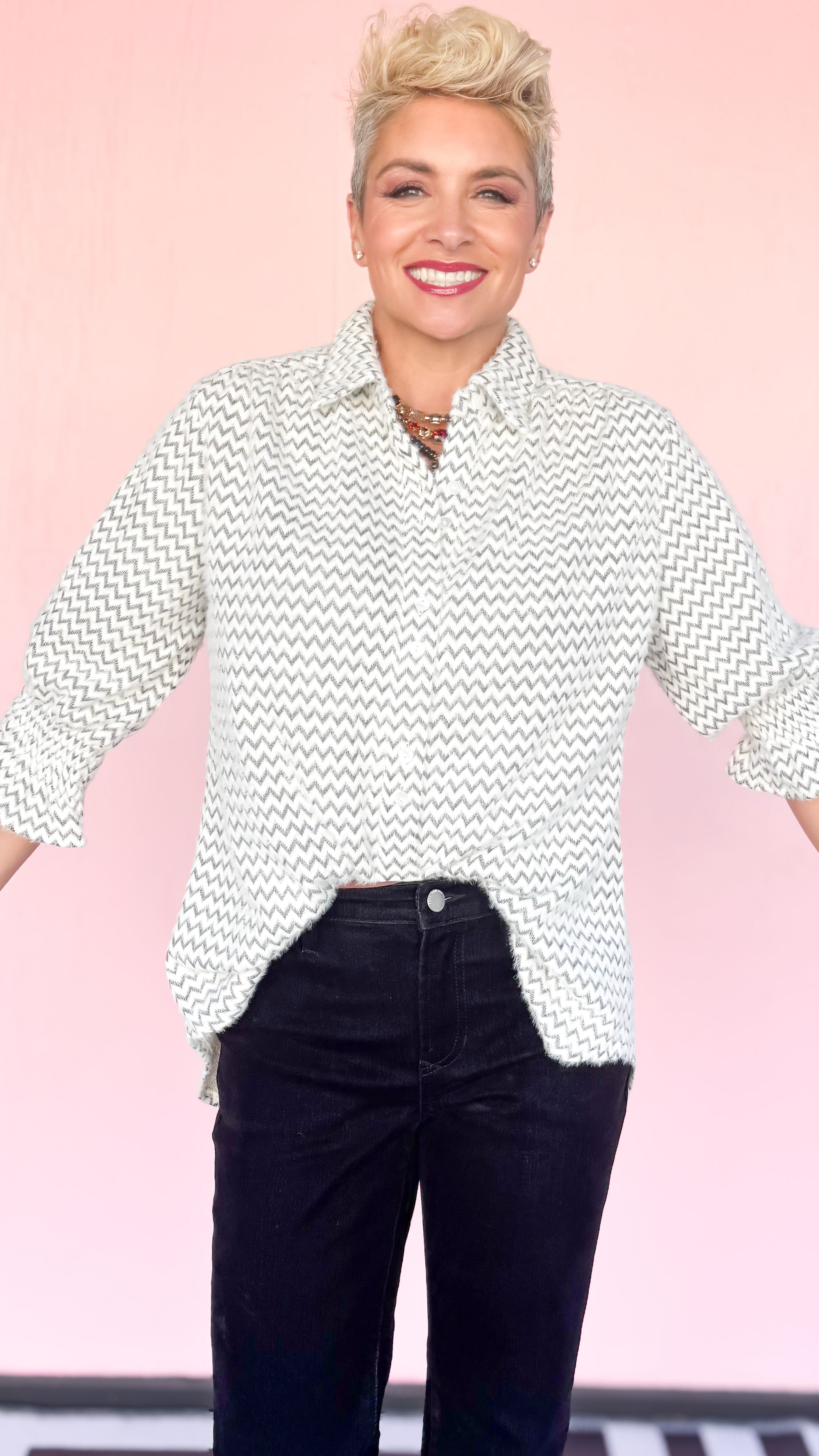 Fuzzy Chevron Button Down Top/Cream - The BLVD