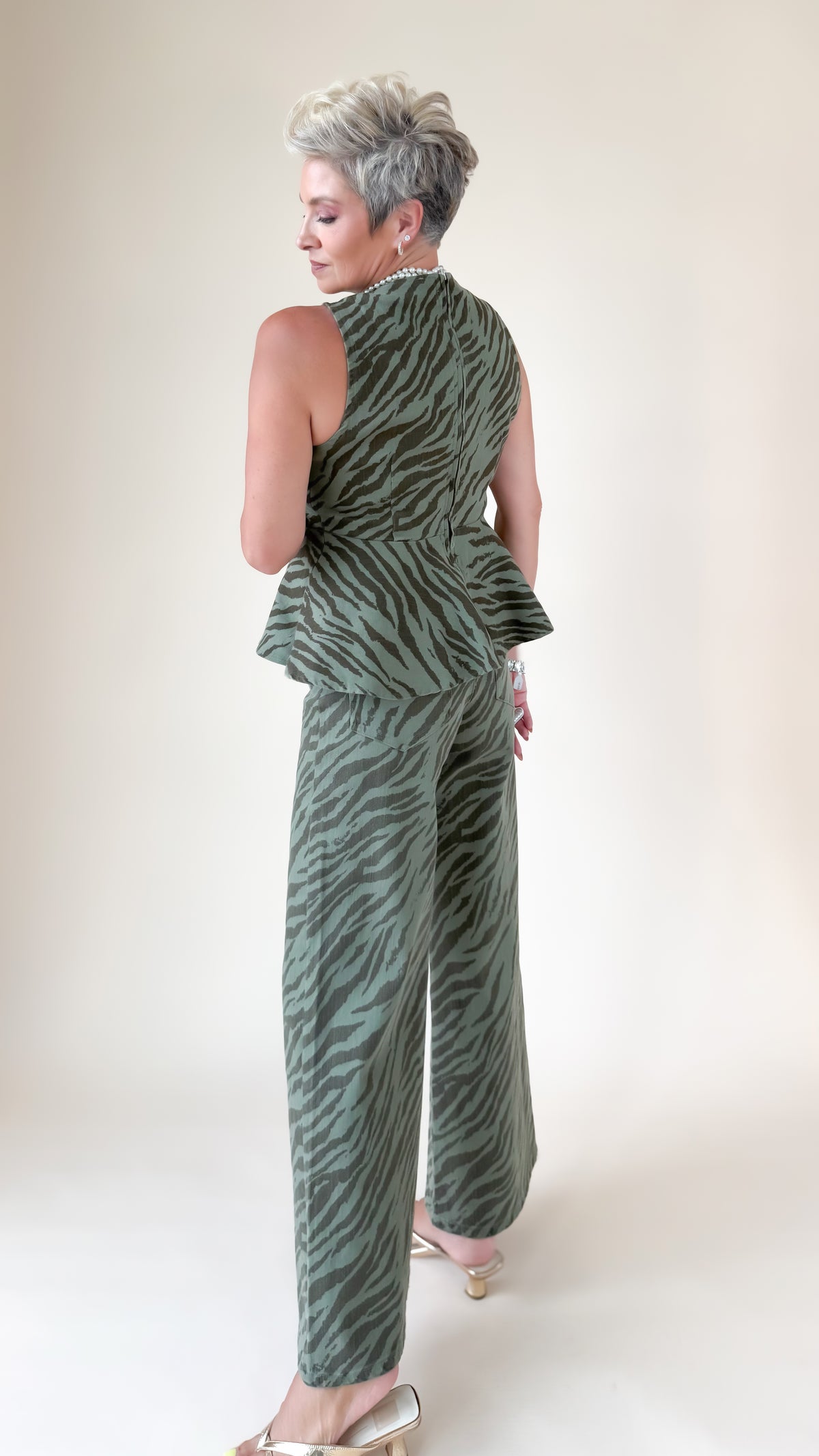 Zebra Print Wide Leg Pants/Green