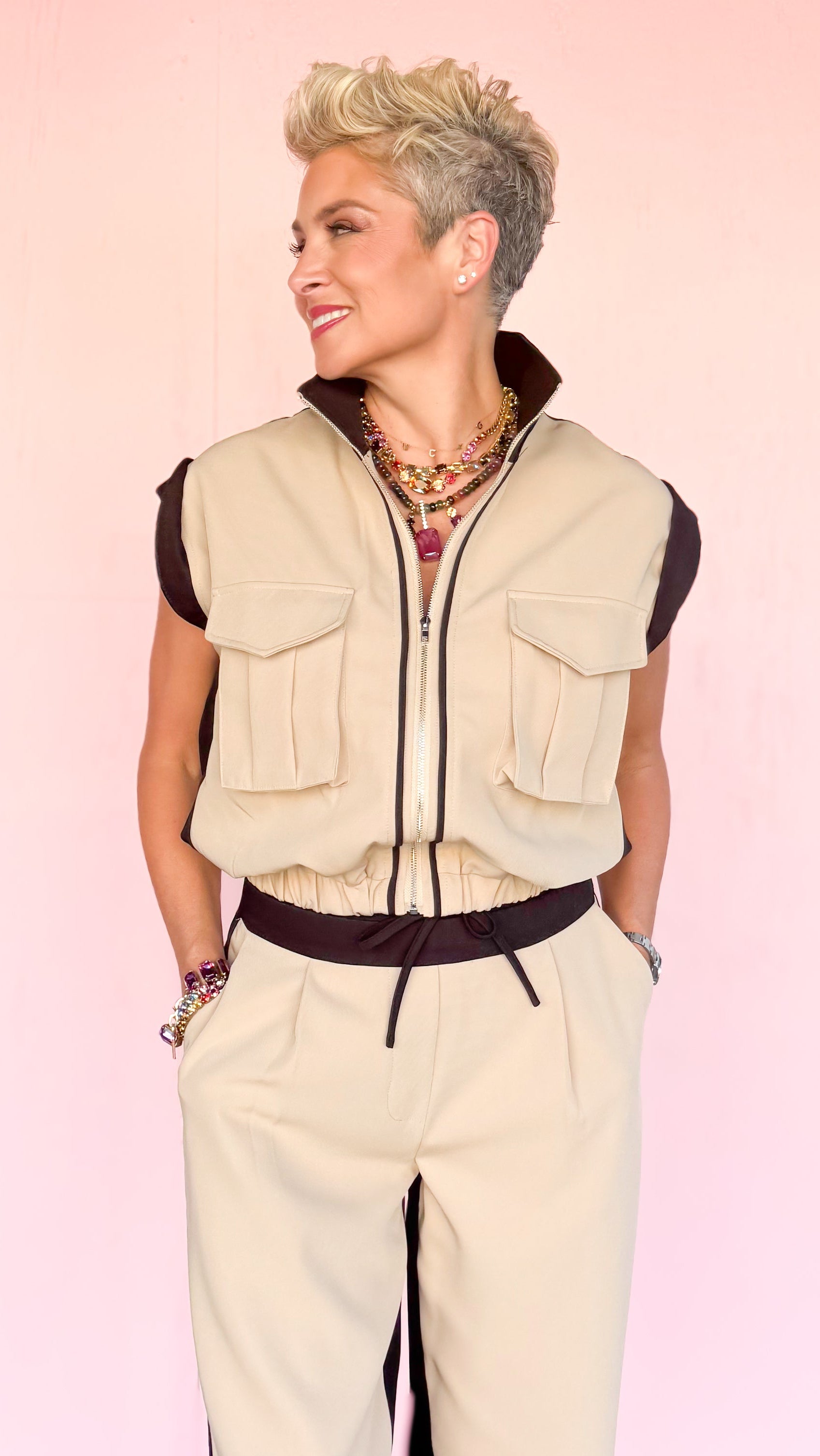Color Block Zip Vest/Black&Tan - The BLVD