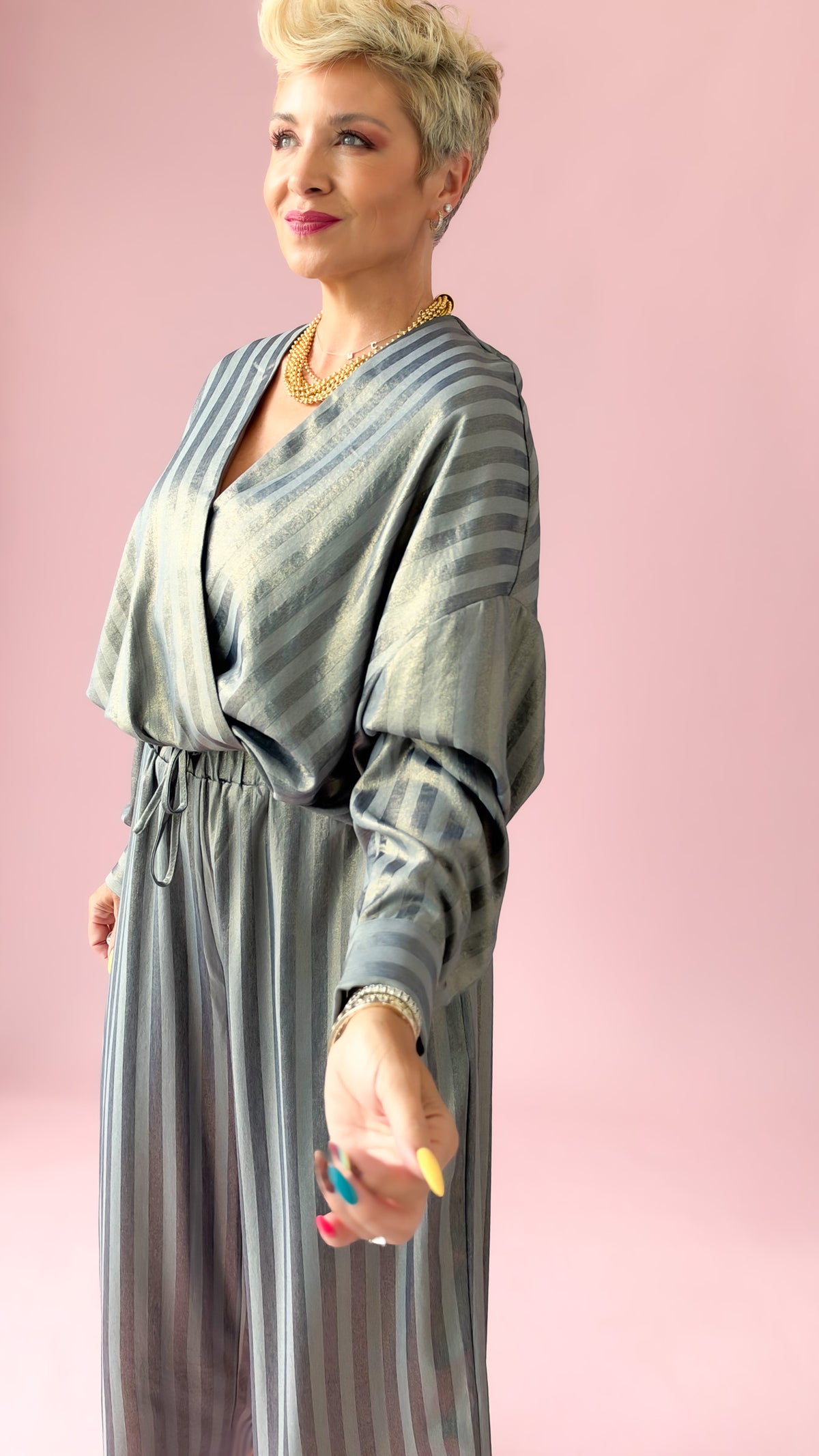 Wrap Metallic Stripe Top/Blue