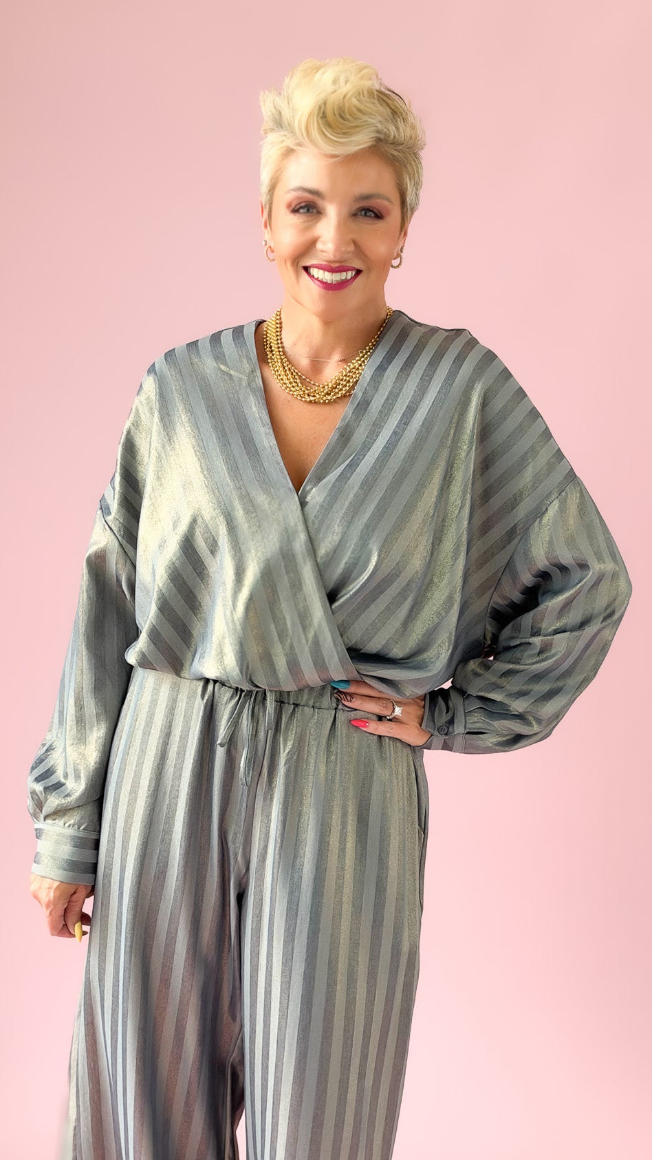 Wrap Metallic Stripe Top/Blue