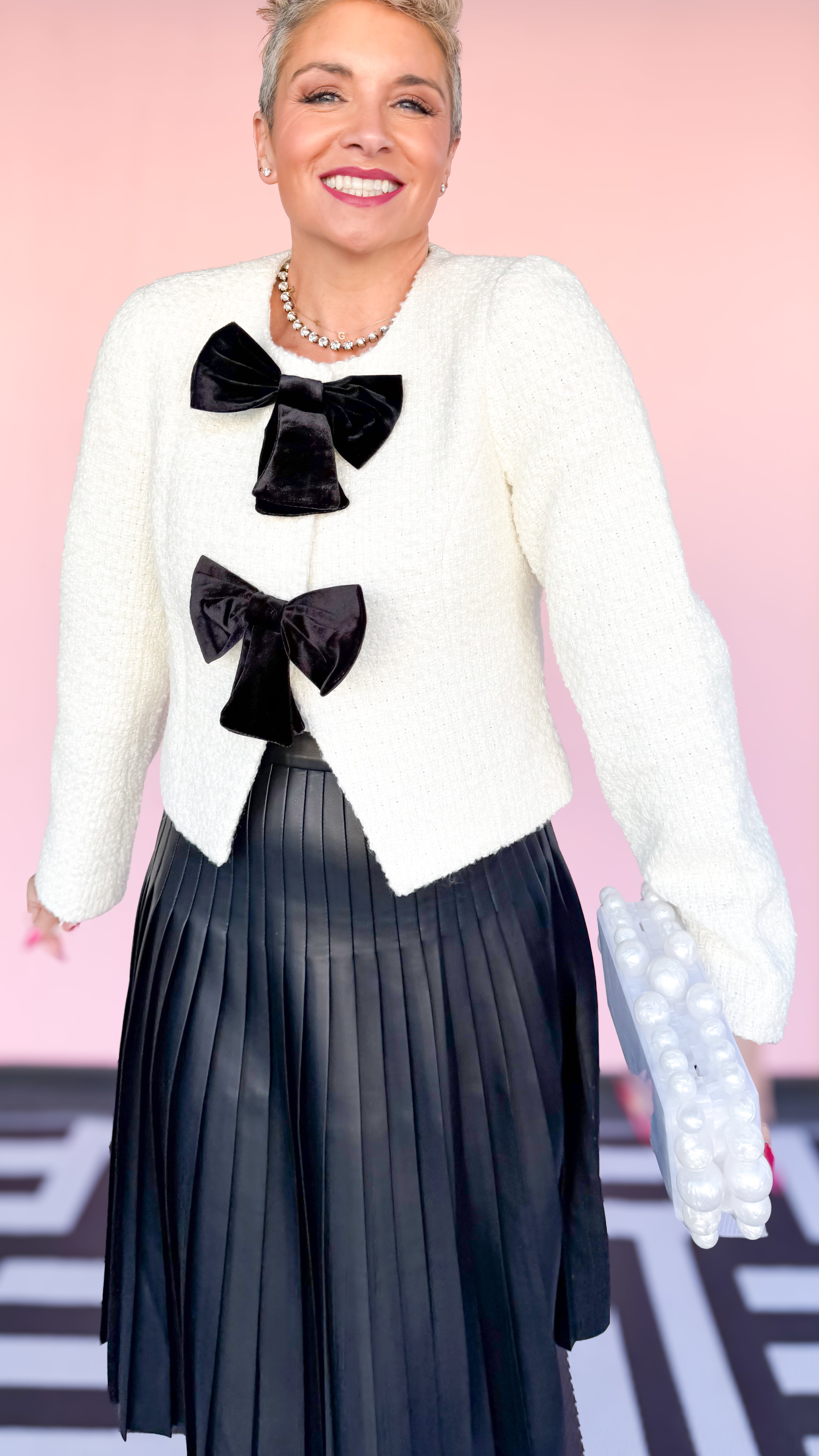 Velvet Bow Tweed Blazer/Cream