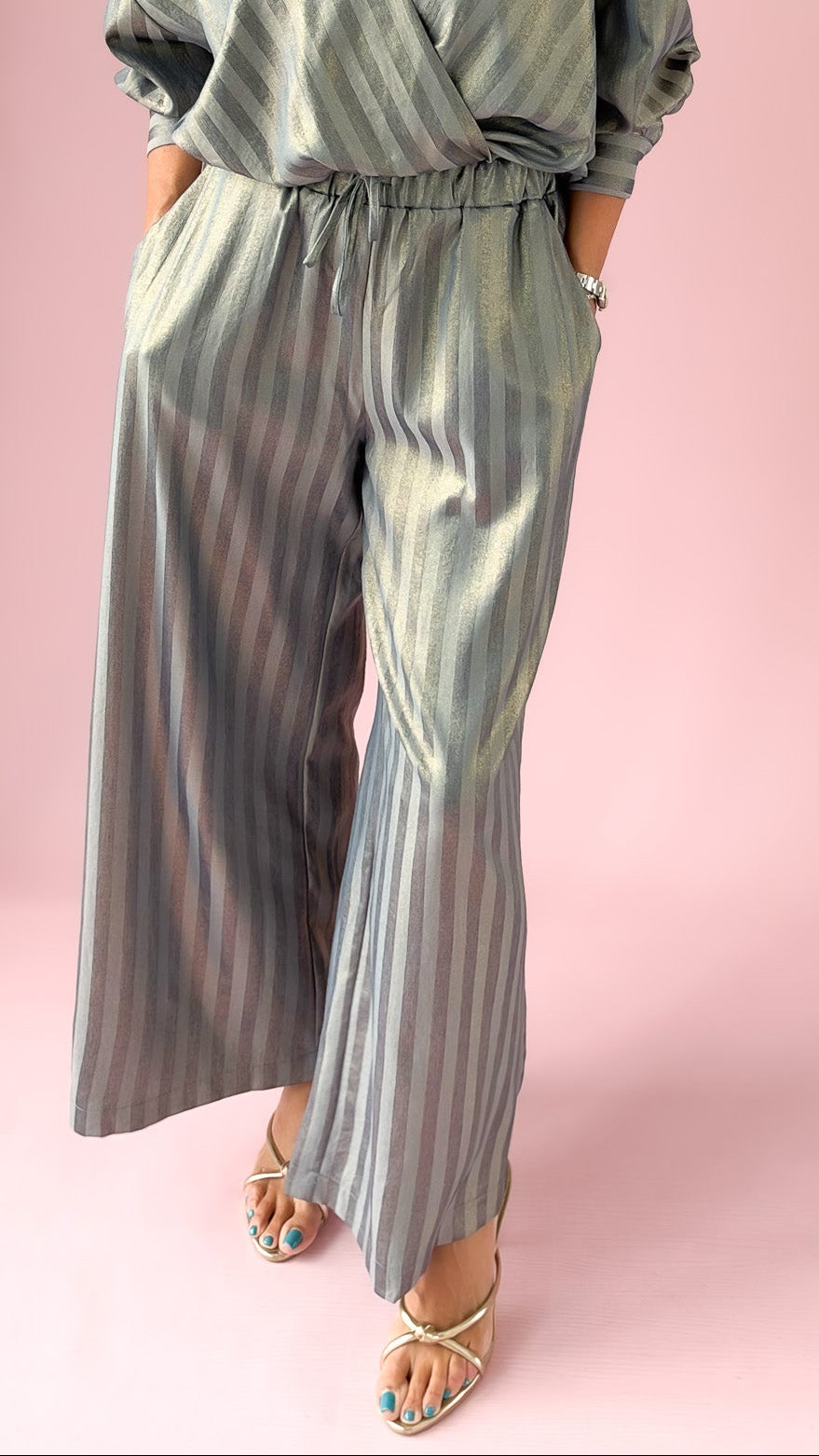 Wide Leg Metallic Stripe Pants/Indigo