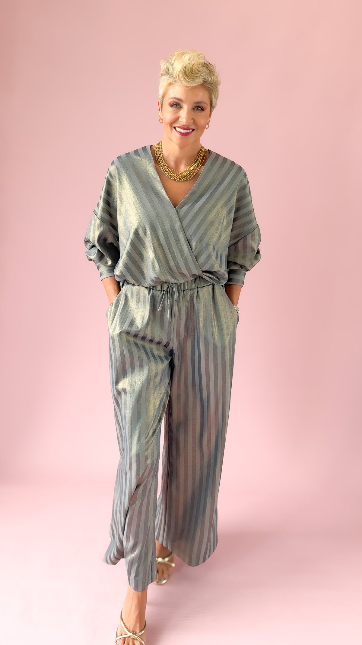 Wide Leg Metallic Stripe Pants/Indigo