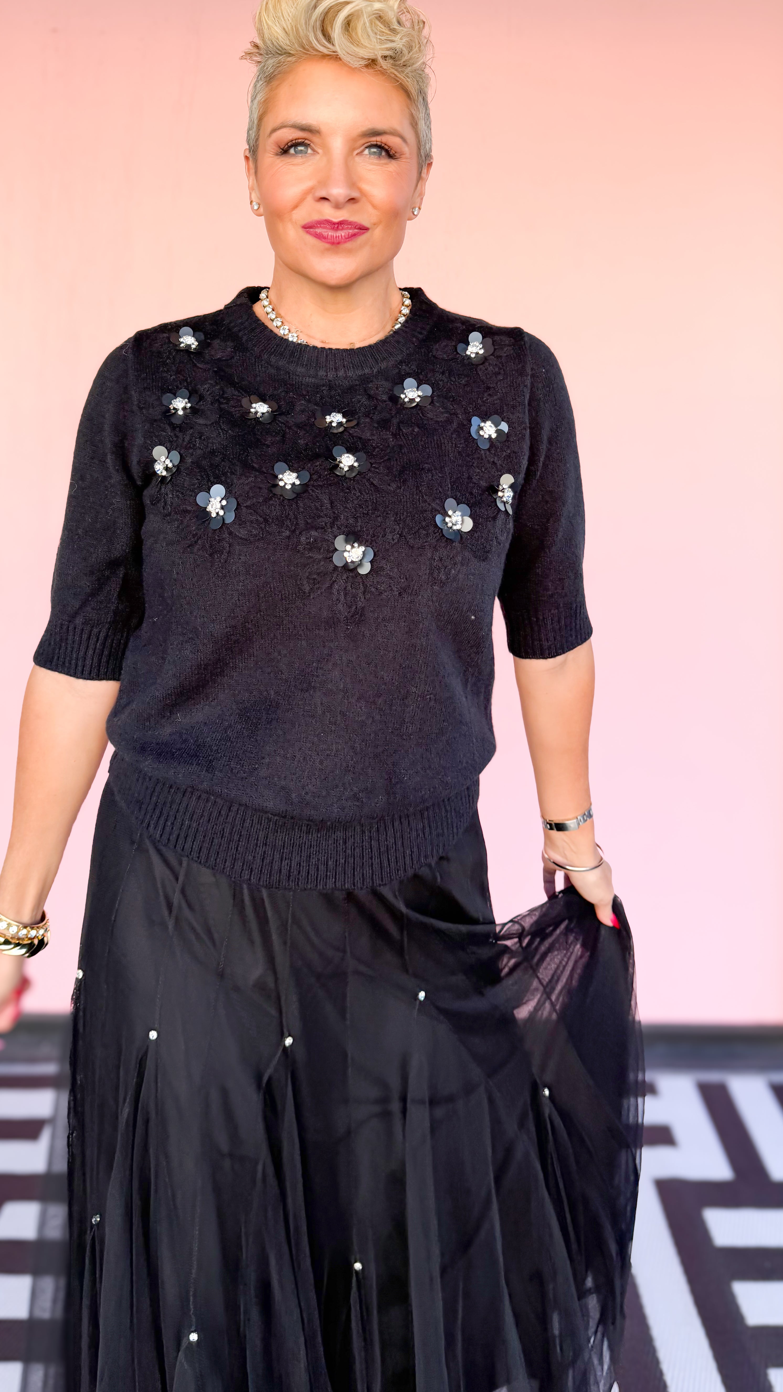 Flower Rhinestone Sweater/Black