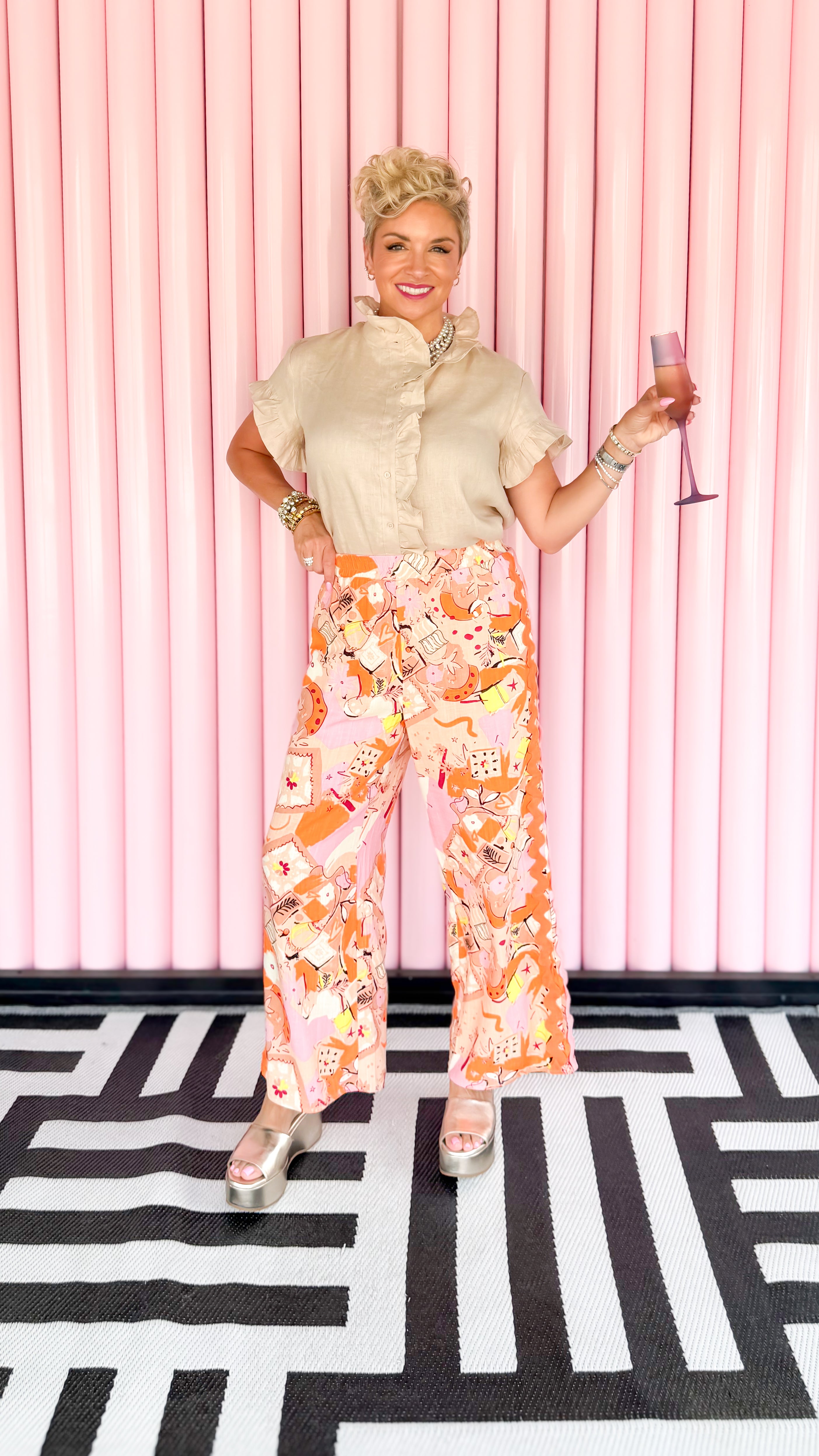 ABSTRACT LINEN RIC-RAC TRIMMED PANTS