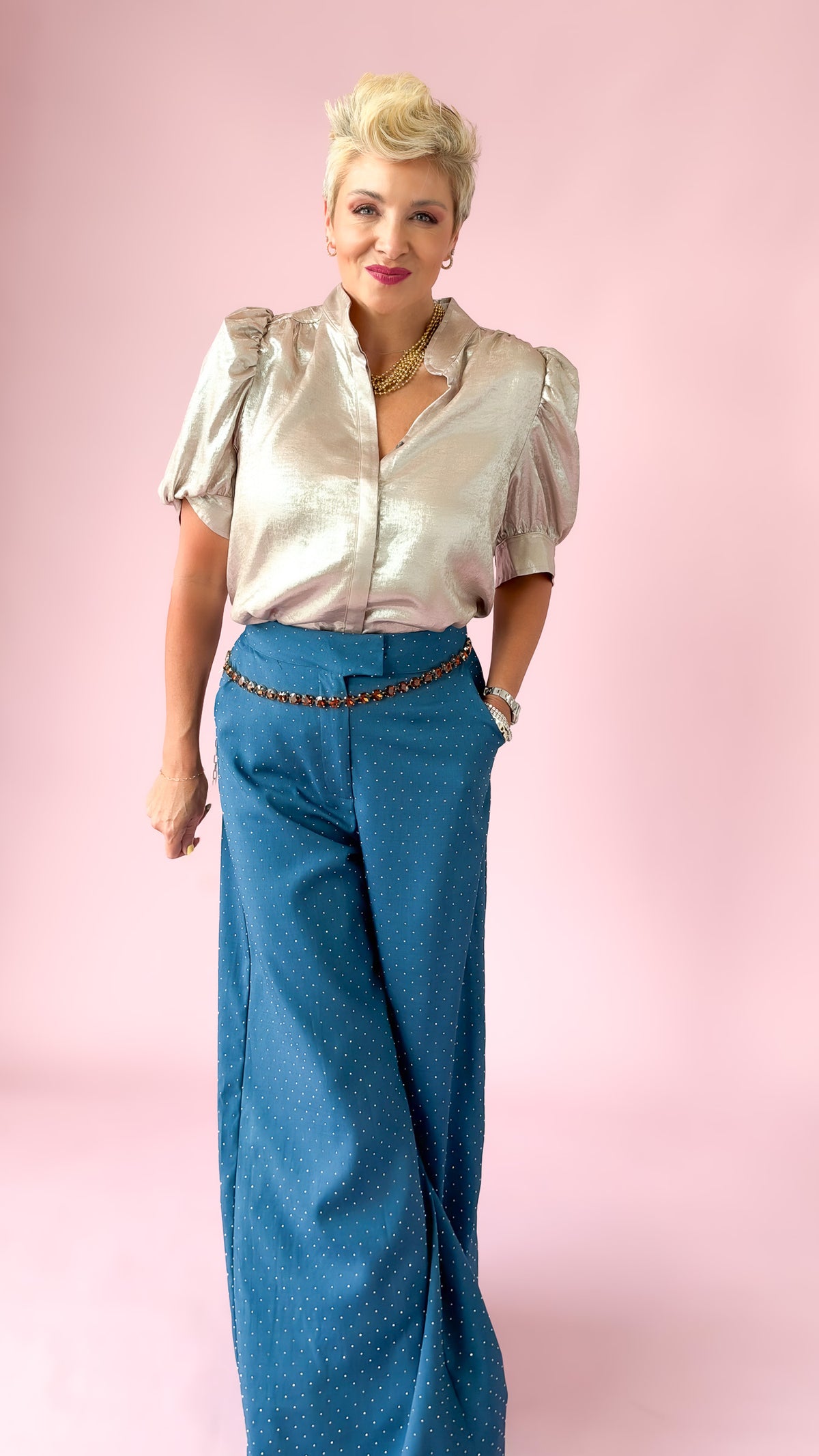 Rhinestone Flowy HW Pants/Teal