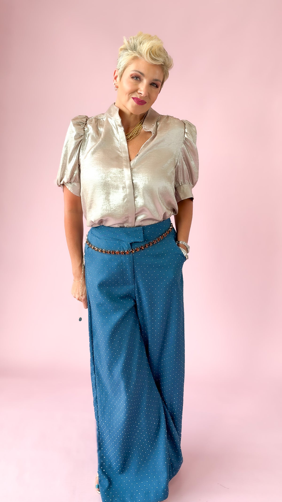 Rhinestone Flowy HW Pants/Teal