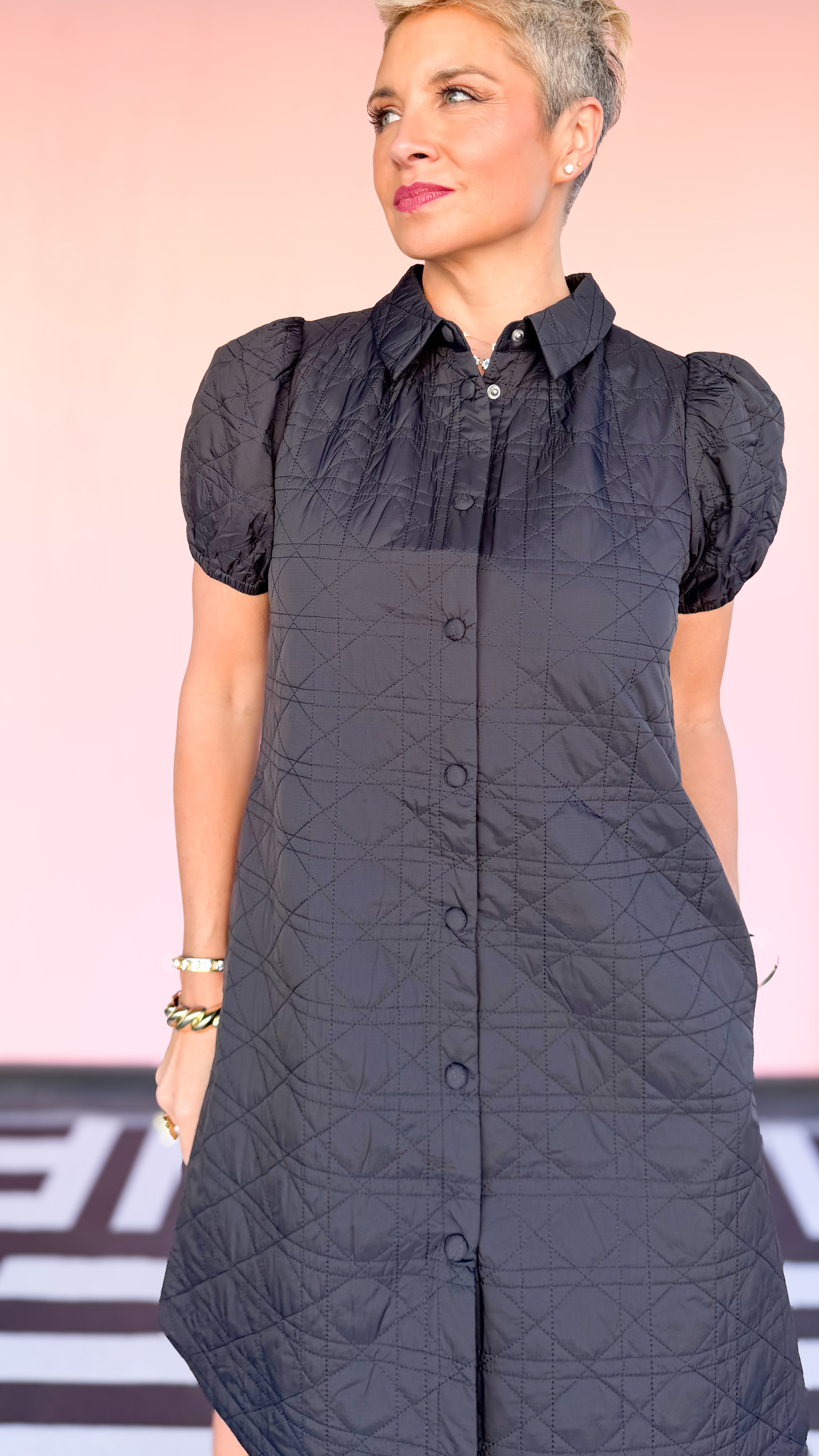 Nylon Quilted Mini Dress/Black