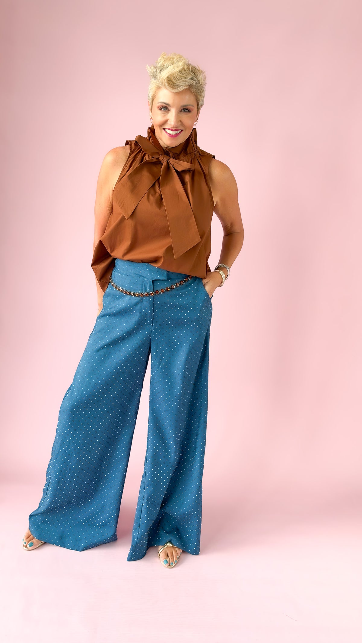 Rhinestone Flowy HW Pants/Teal