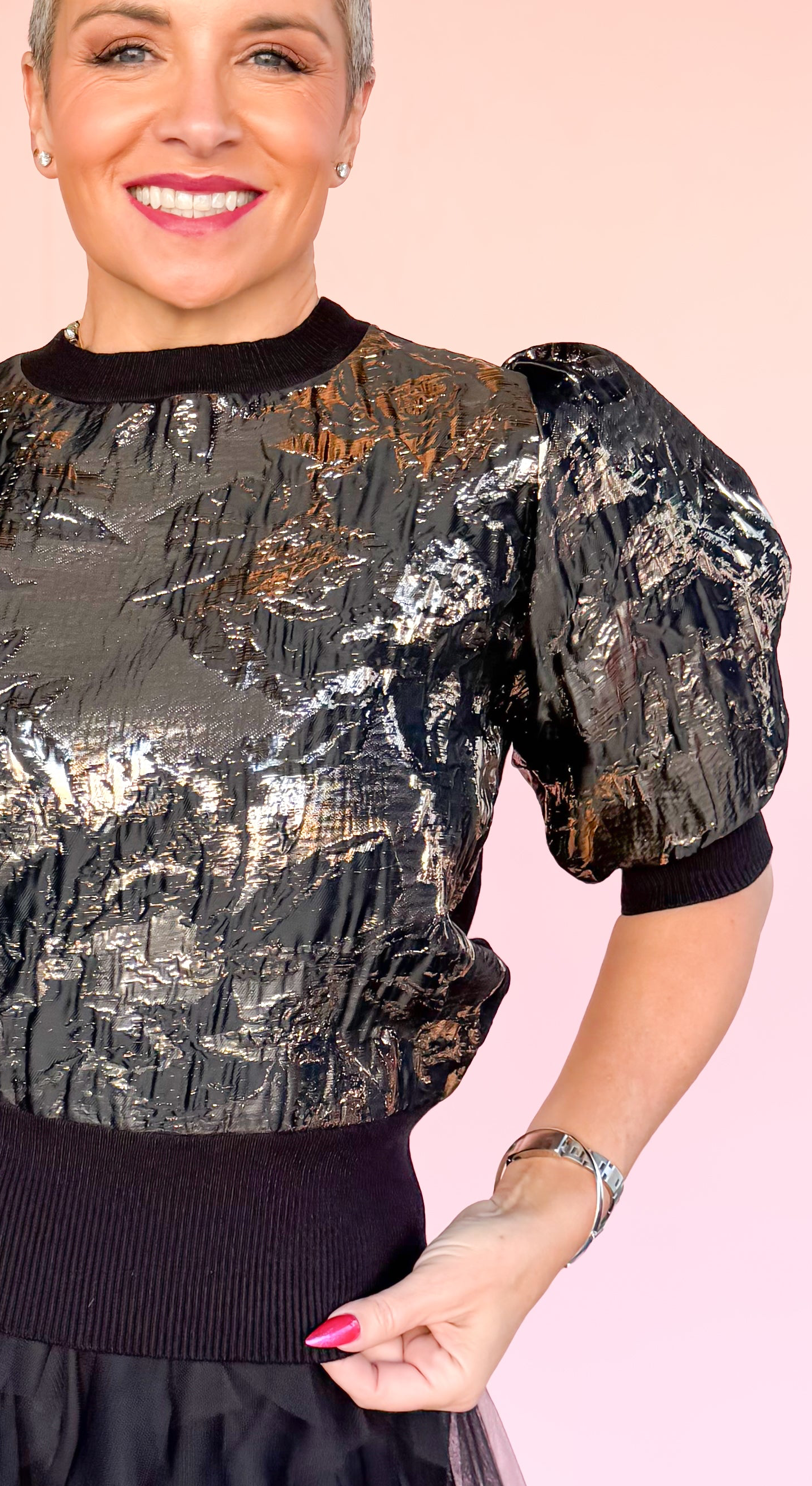 Knit/Metallic Short Sleeve Top/Black