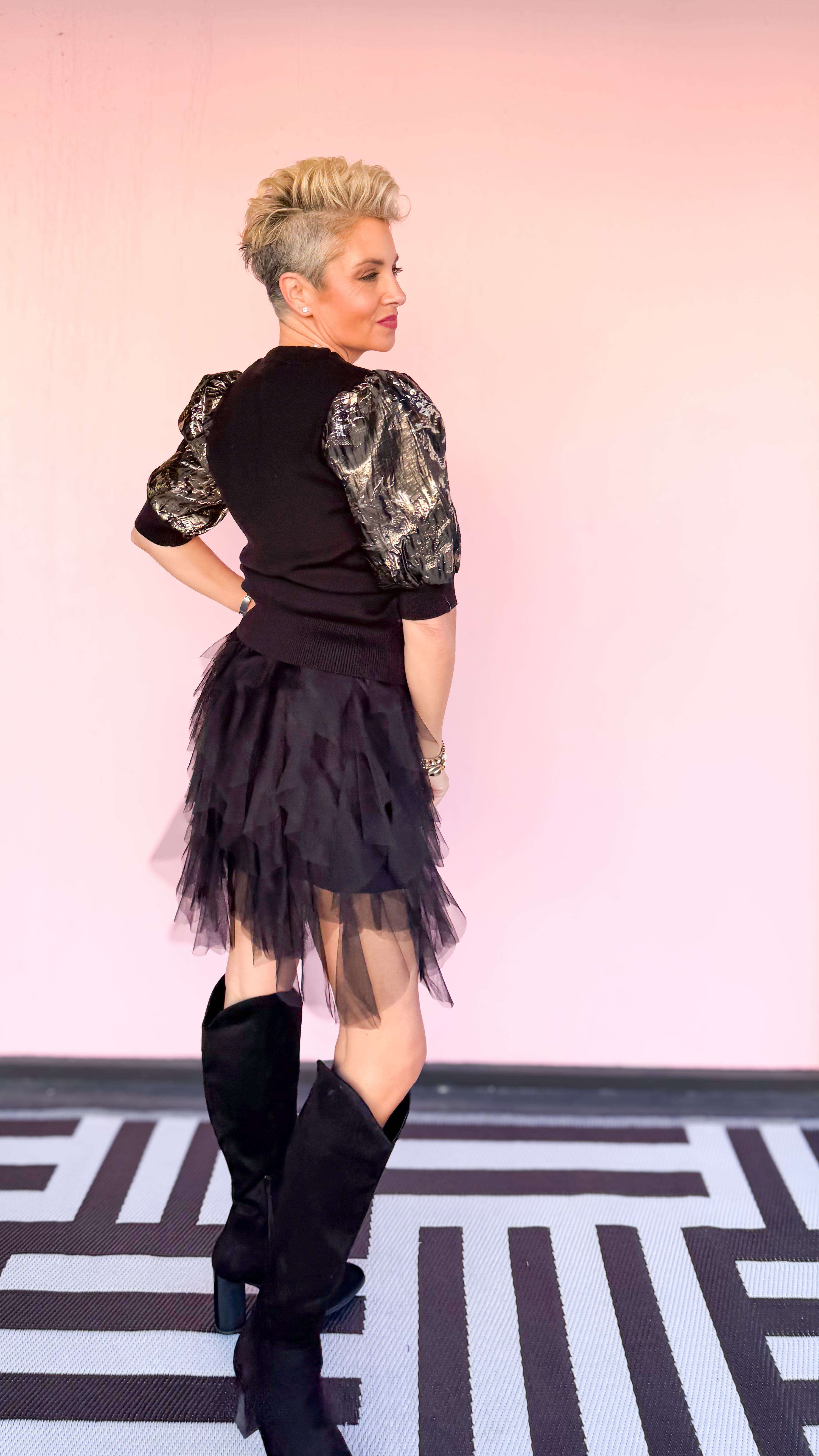 Knit/Metallic Short Sleeve Top/Black