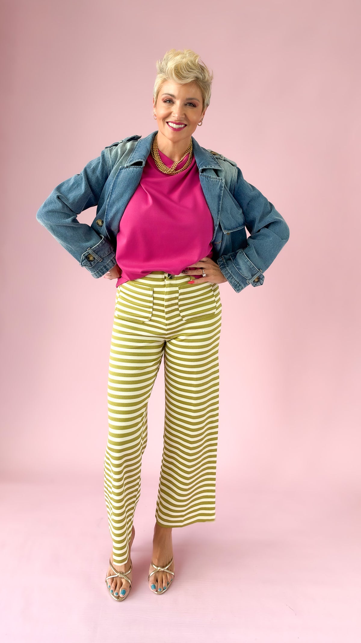 Knit Crop Striped Pants/Olive
