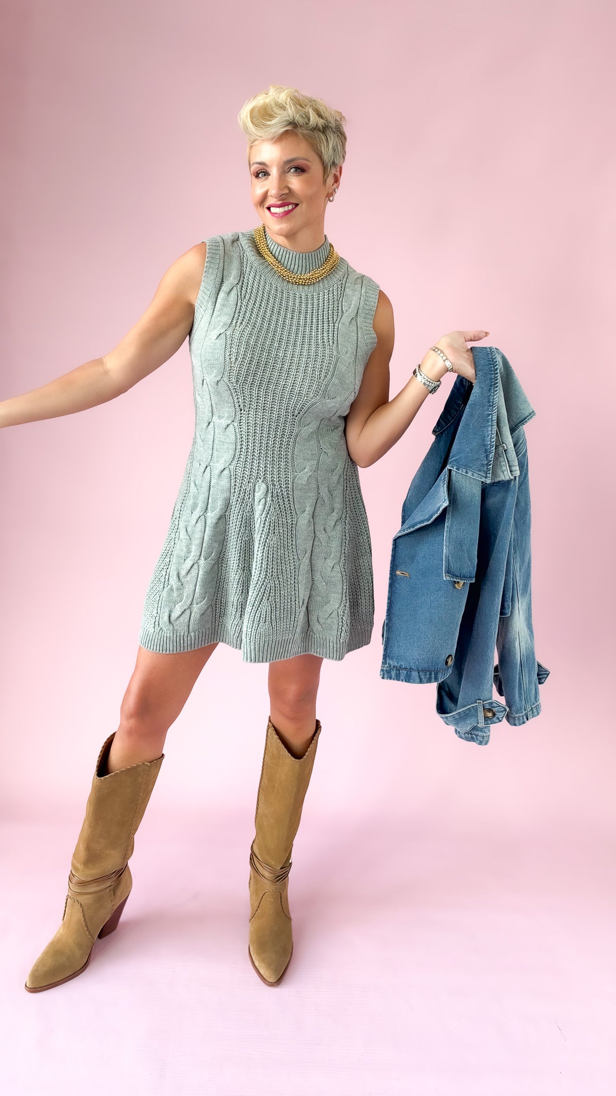 Cable Knit Sweater Dress/Gray