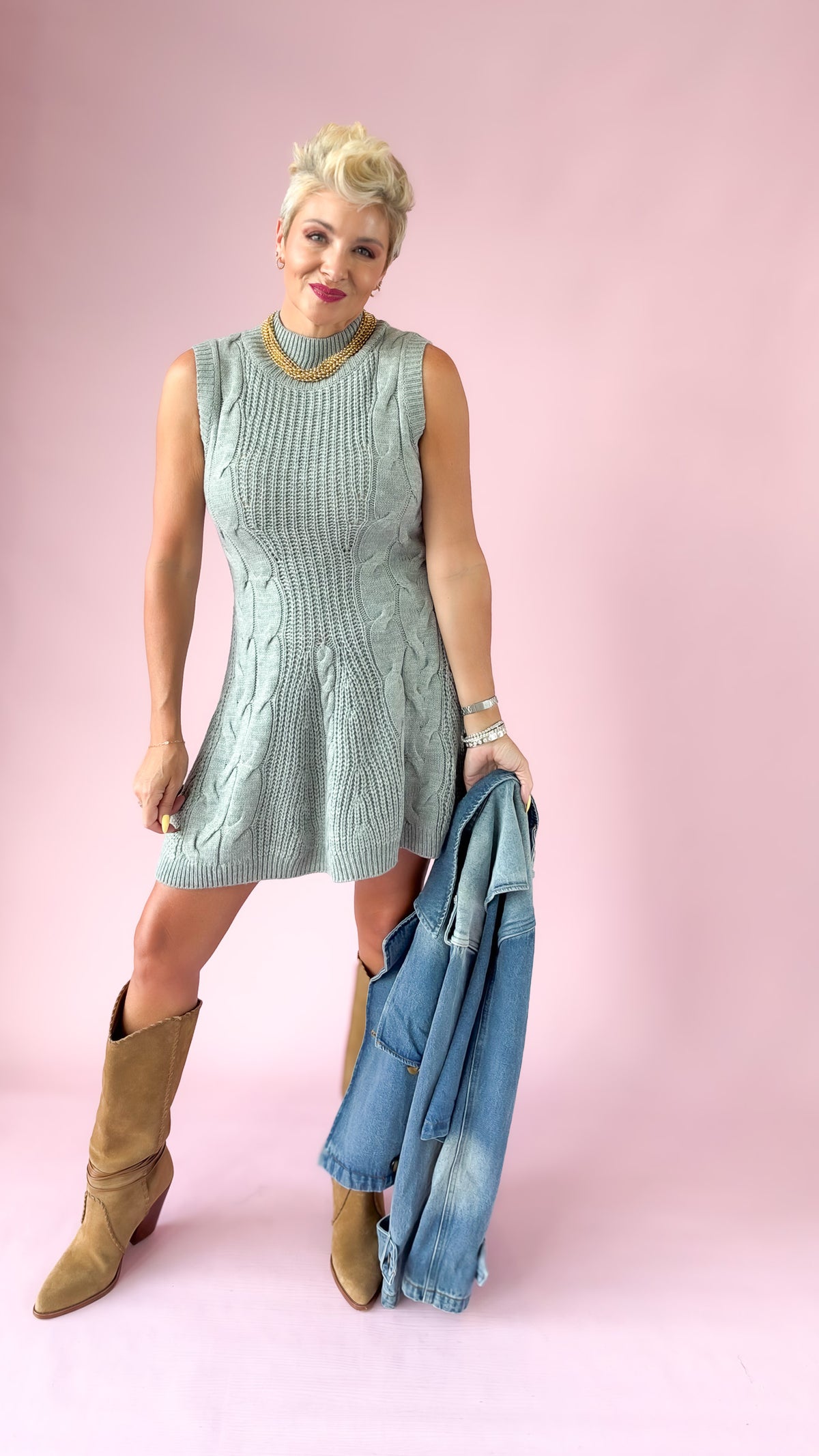 Cable Knit Sweater Dress/Gray