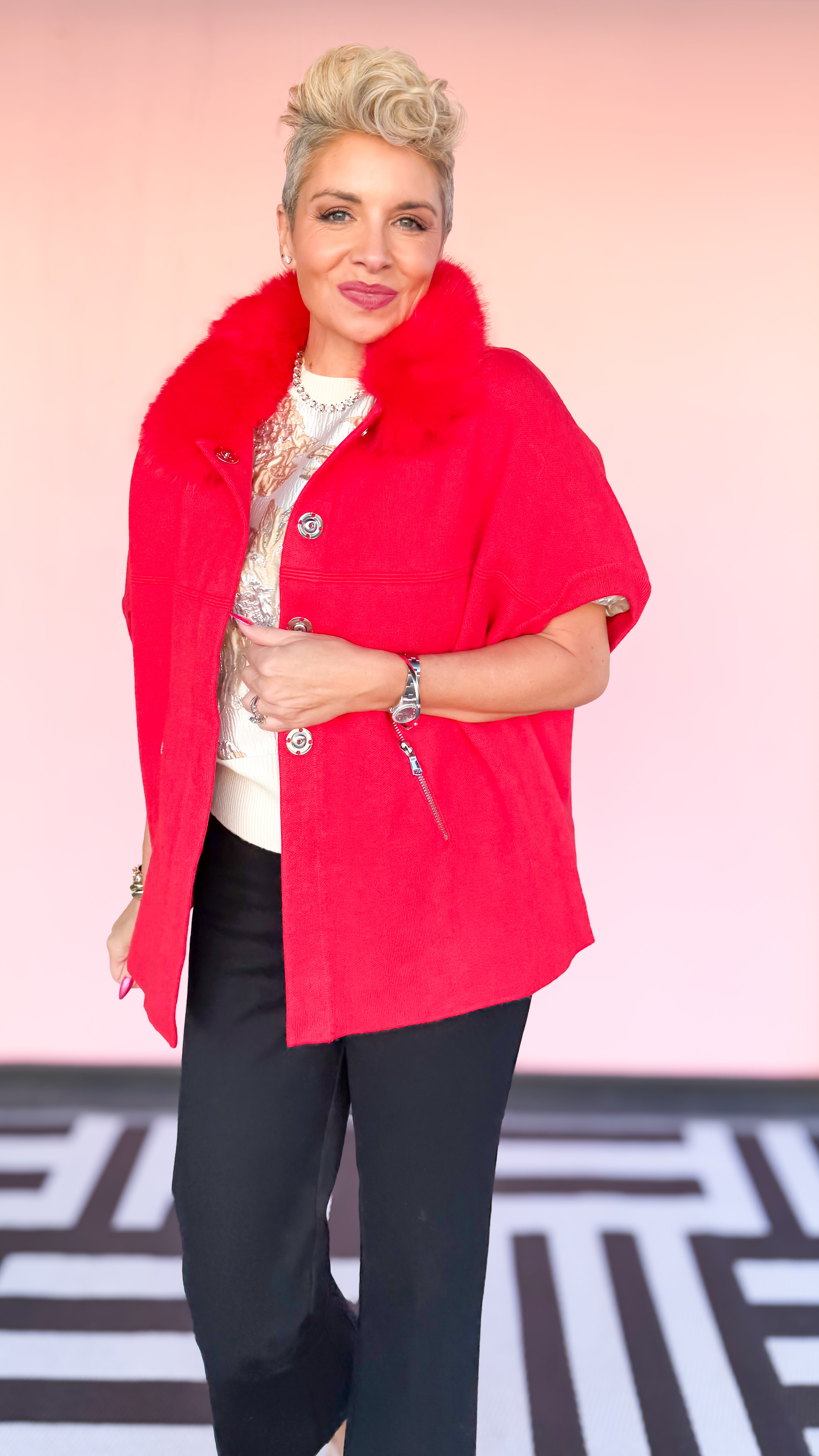 Faux Fur Trimmed Cardigan/Red
