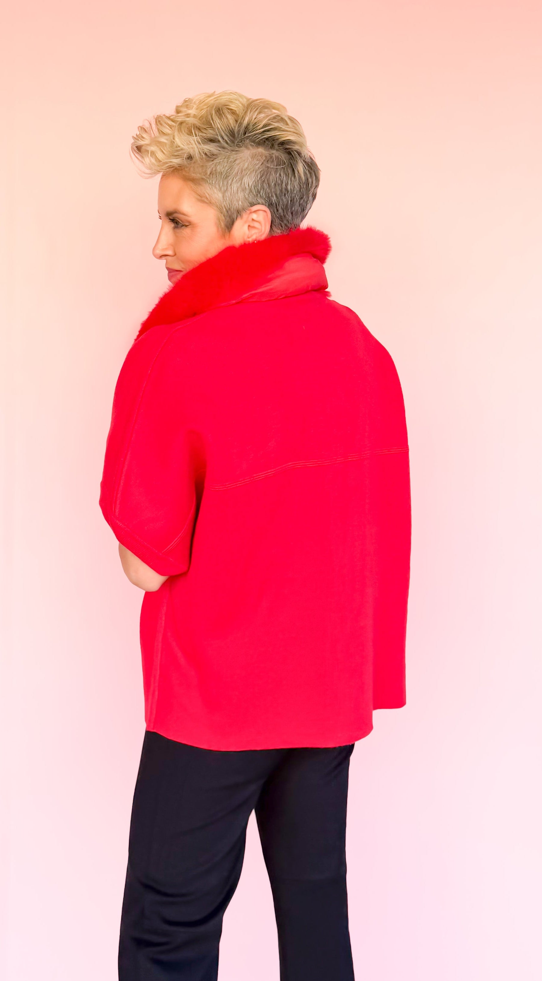 Faux Fur Trimmed Cardigan/Red